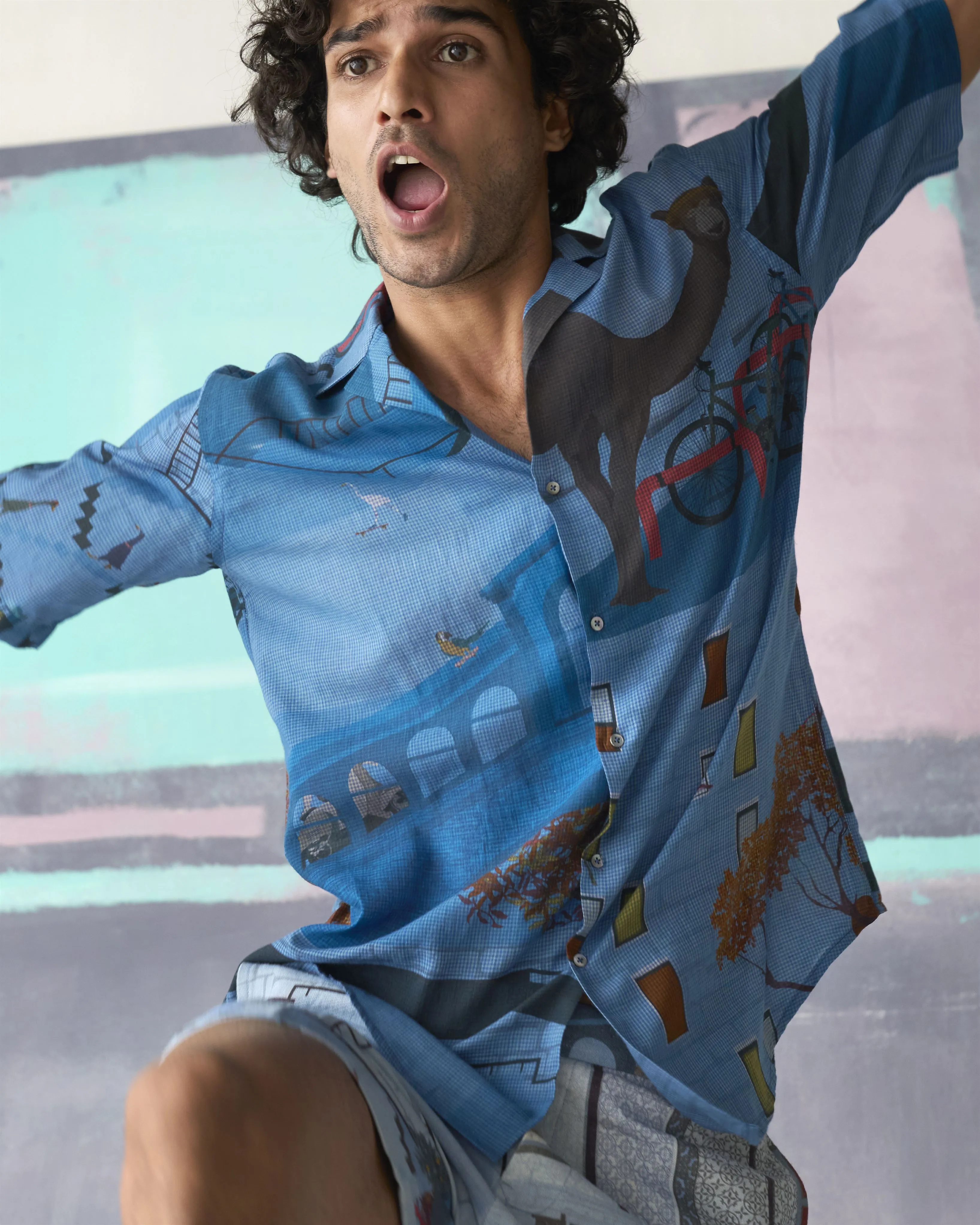 Summer Bush Shirt Animal Cotton Linen Blue S413CL405 SuketDhir
