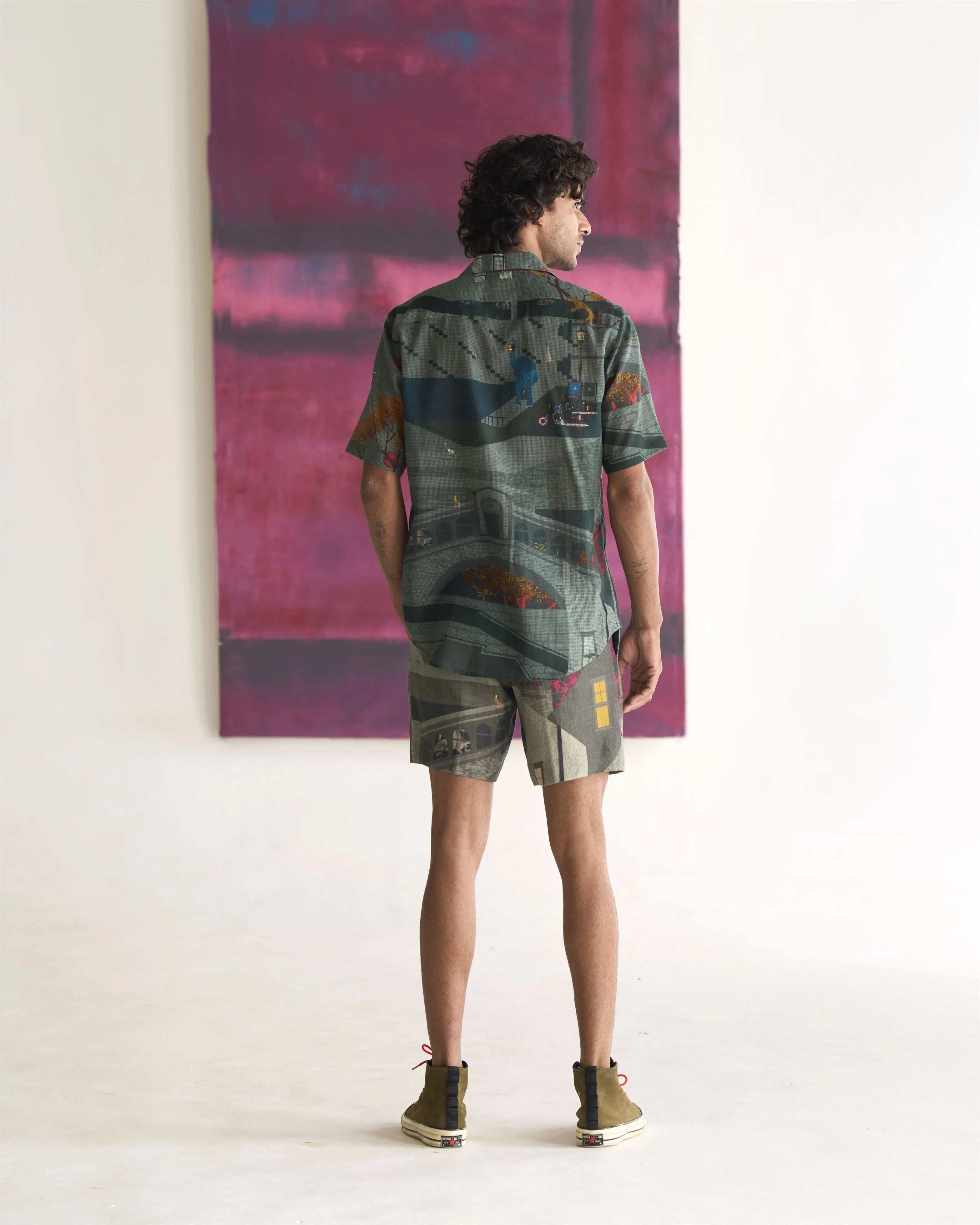 Summer Bush Shirt Animal Cotton Linen Sage S413CL387 SuketDhir