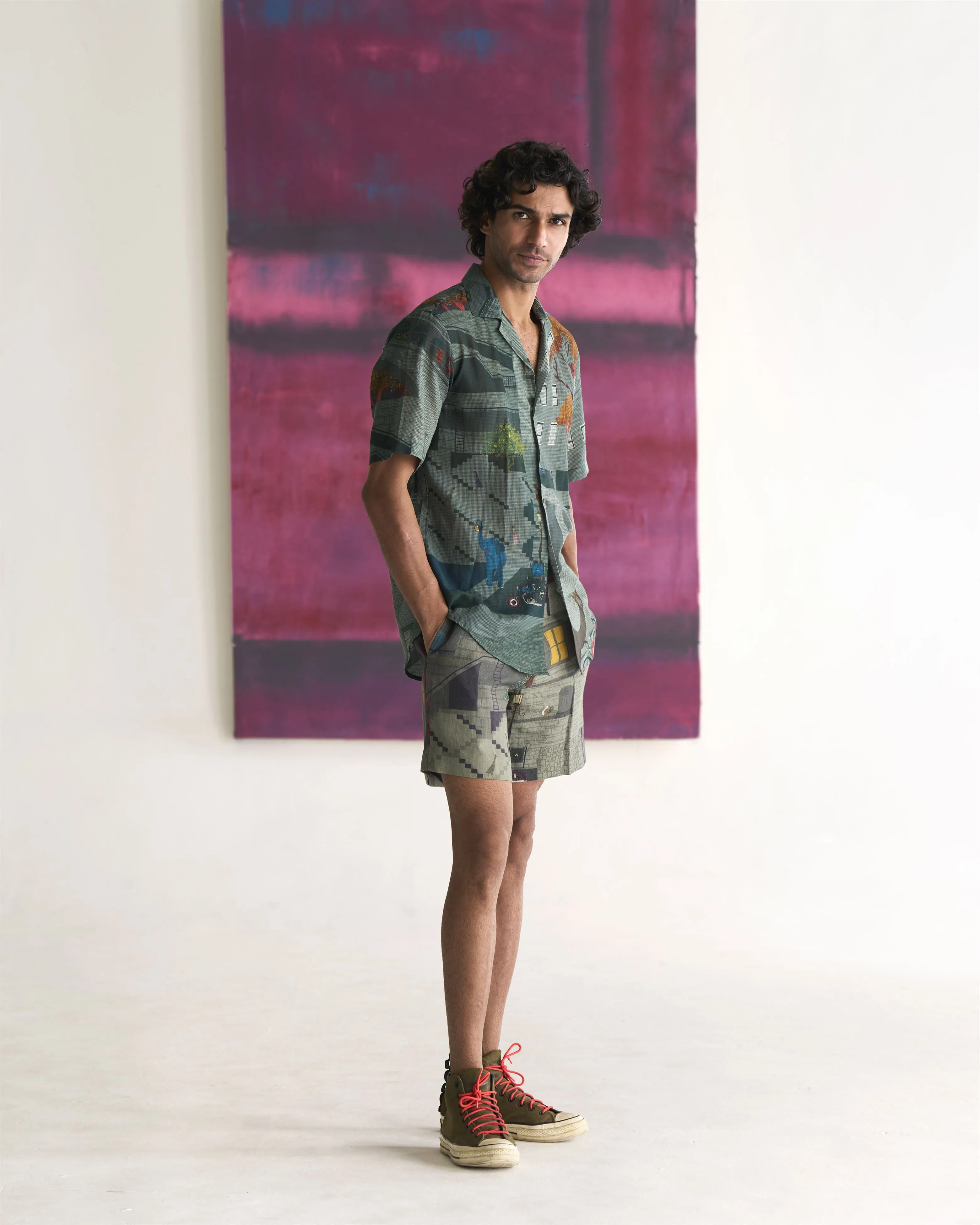 Summer Bush Shirt Animal Cotton Linen Sage S413CL387 SuketDhir