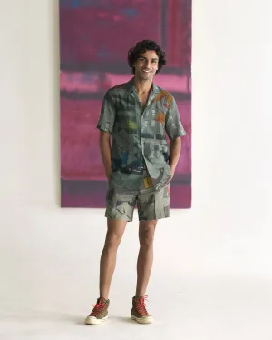 Summer Bush Shirt Animal Cotton Linen Sage S413CL387 SuketDhir