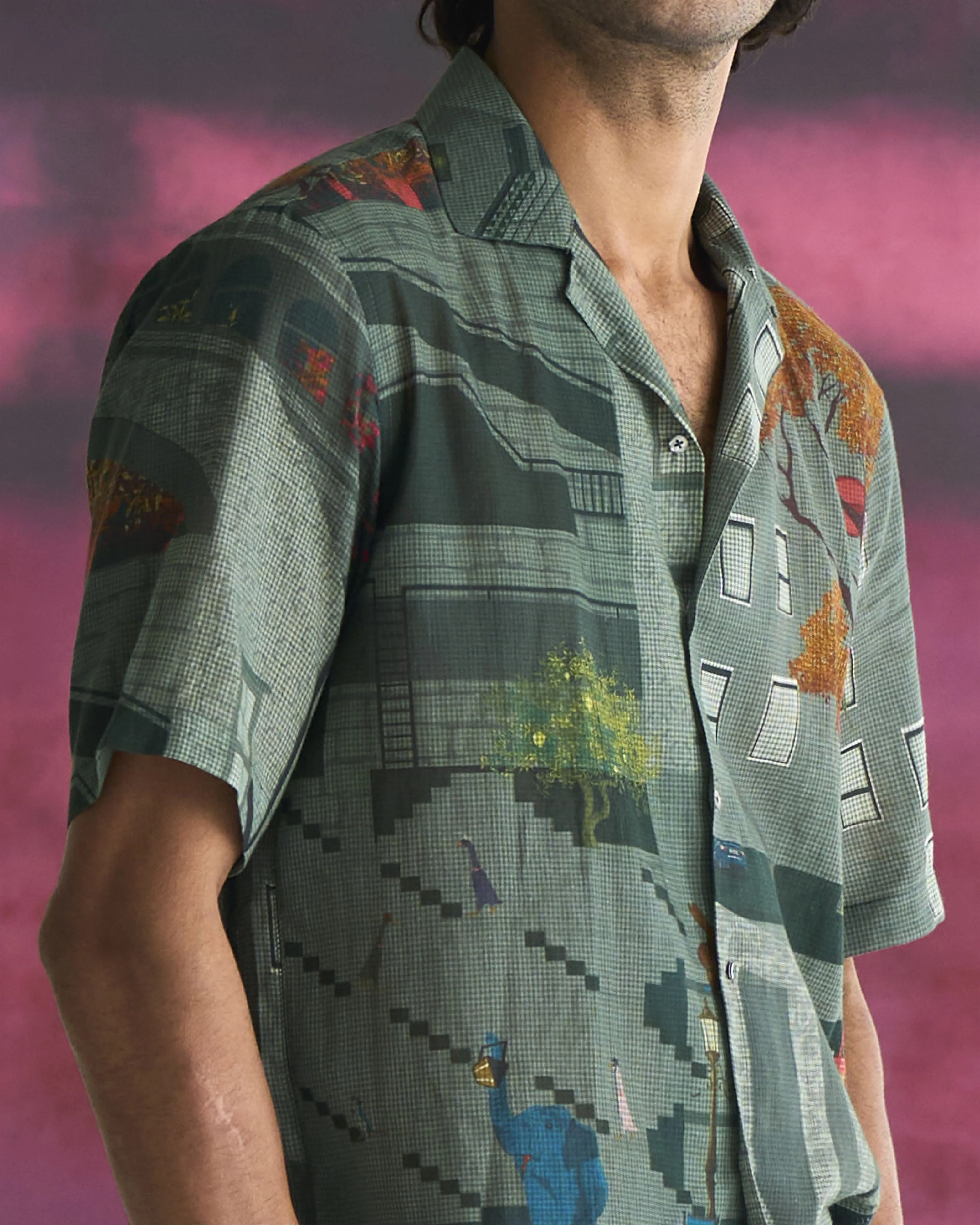 Summer Bush Shirt Animal Cotton Linen Sage S413CL387 SuketDhir