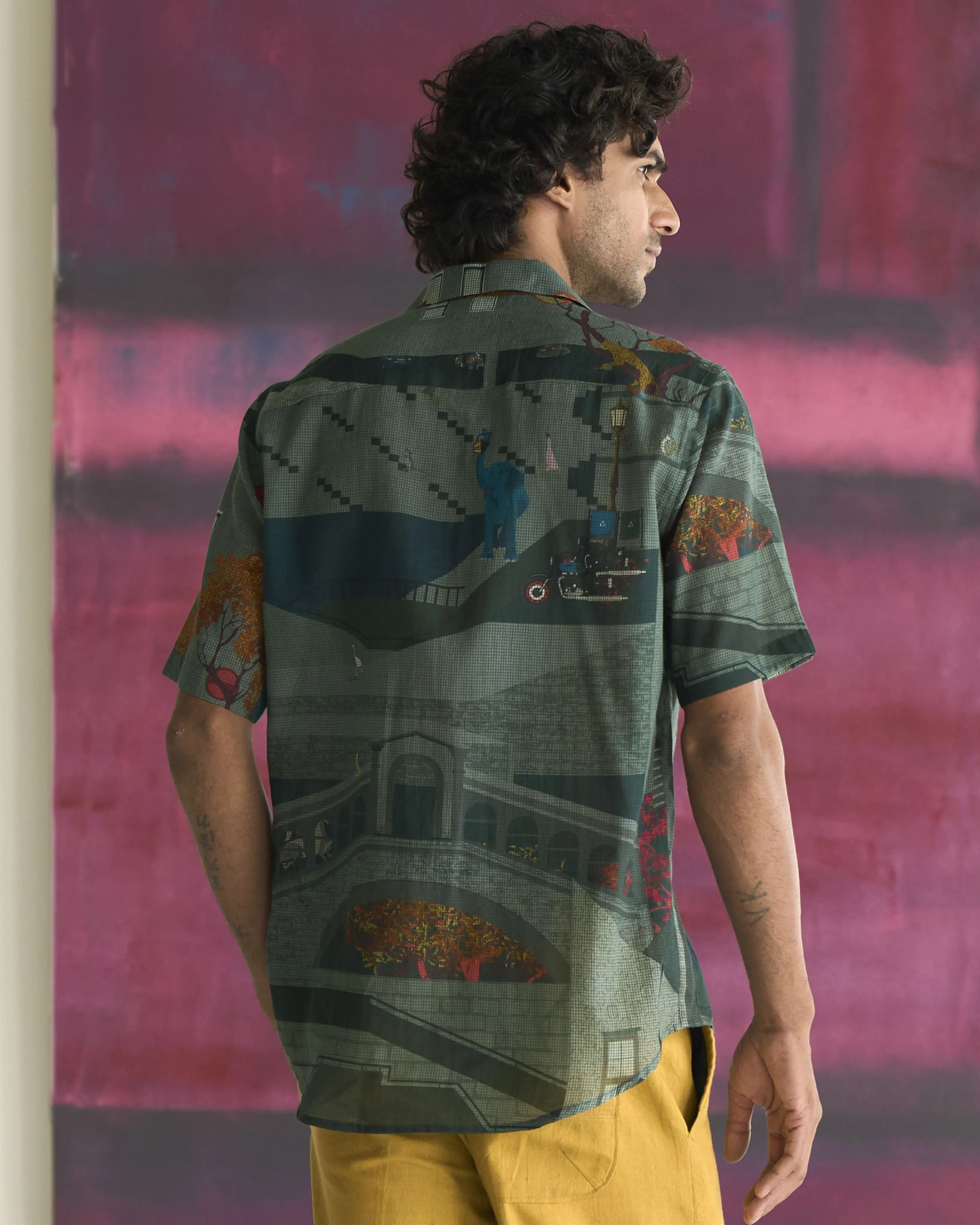 Summer Bush Shirt Animal Cotton Linen Sage S413CL387 SuketDhir