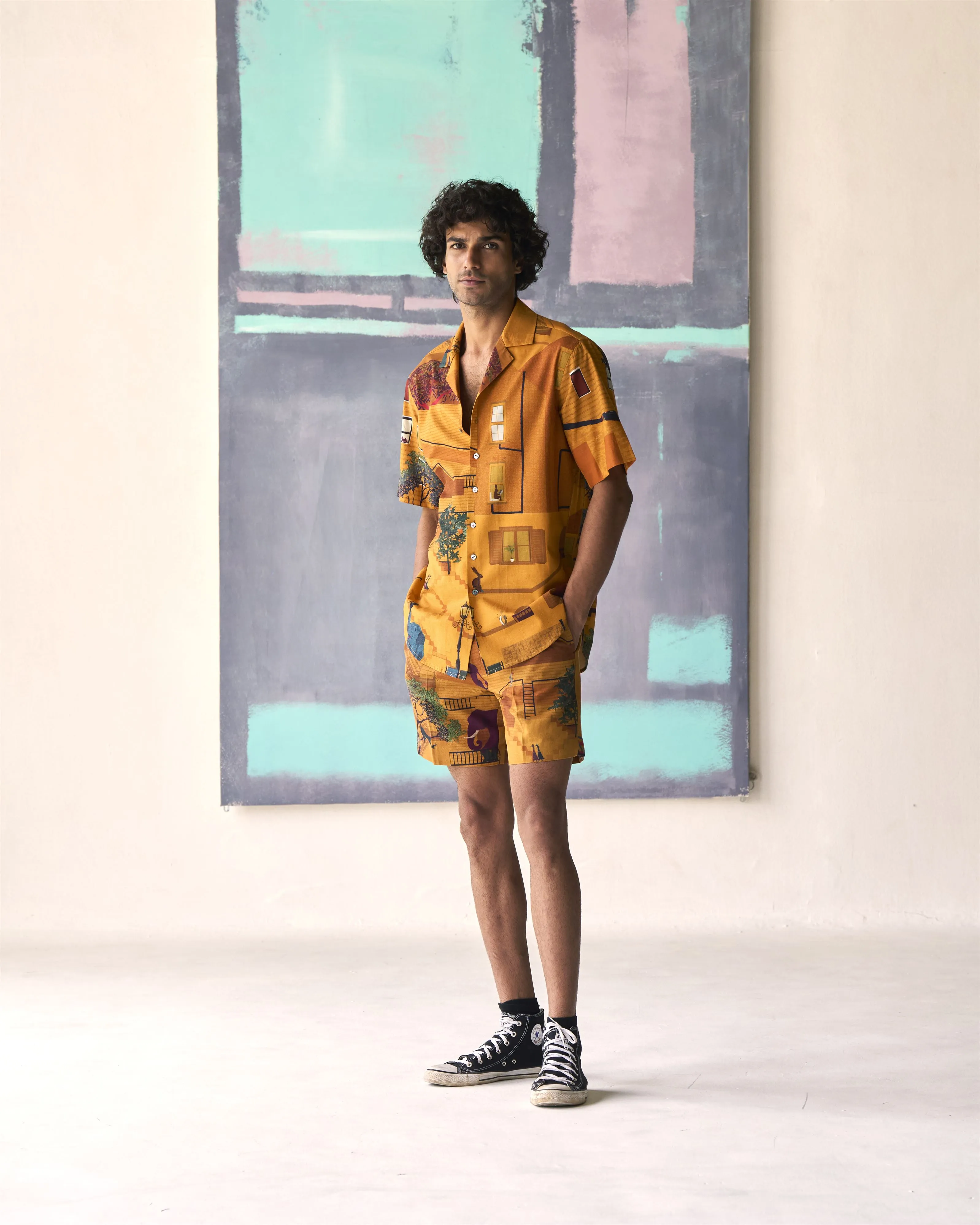 Summer Bush Shirt Animal Linen Mustard S413CL390 SuketDhir