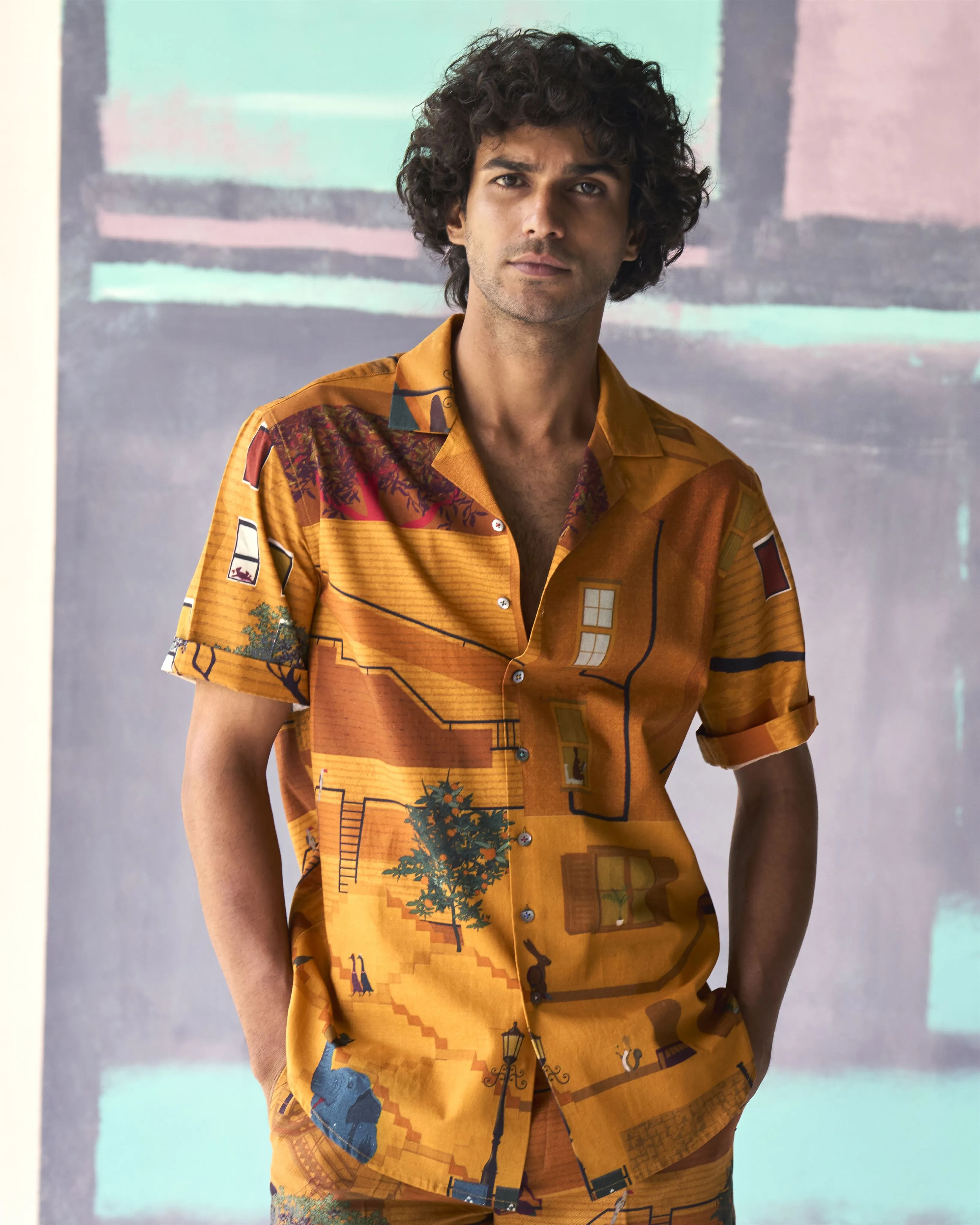 Summer Bush Shirt Animal Linen Mustard S413CL390 SuketDhir