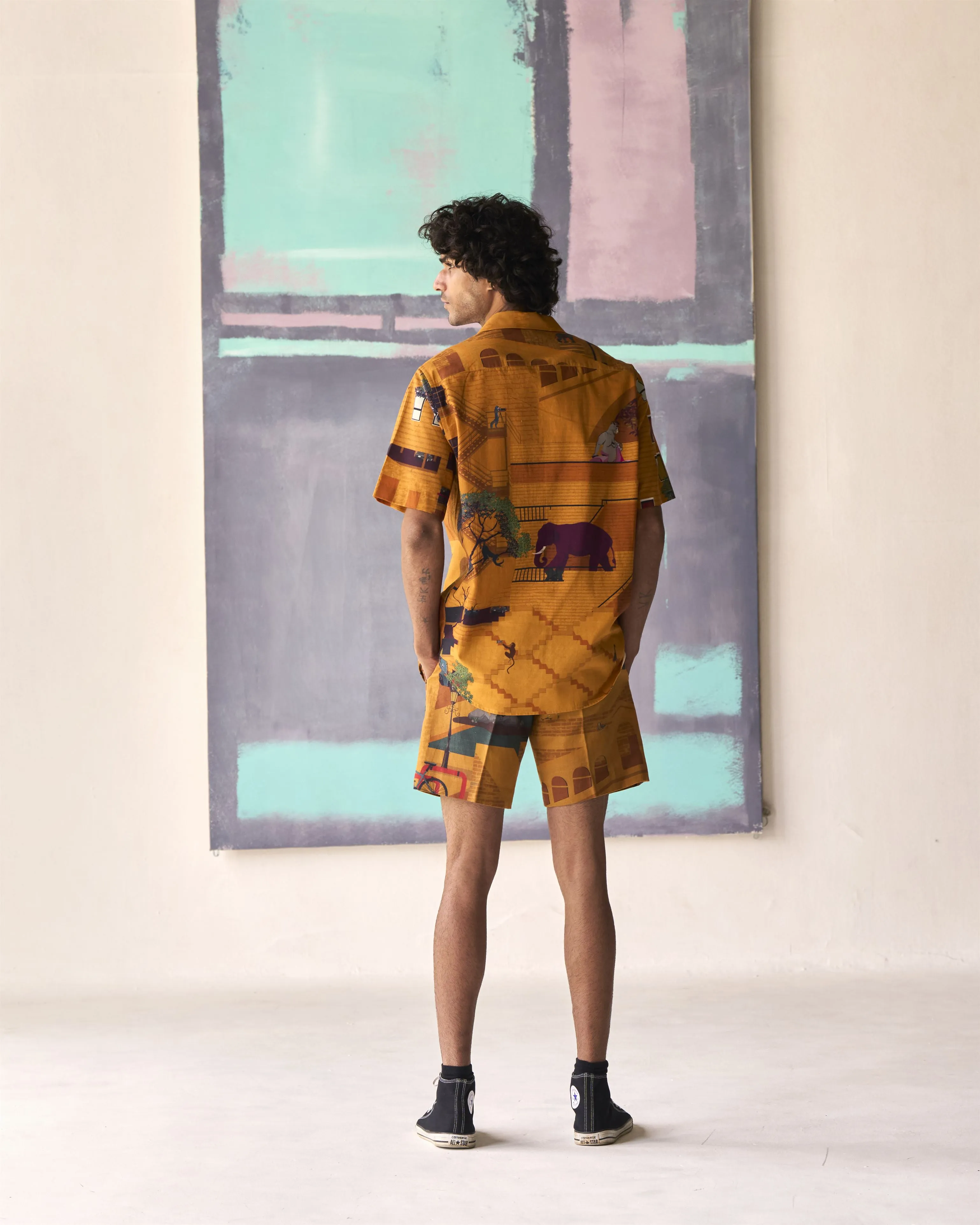 Summer Bush Shirt Animal Linen Mustard S413CL390 SuketDhir