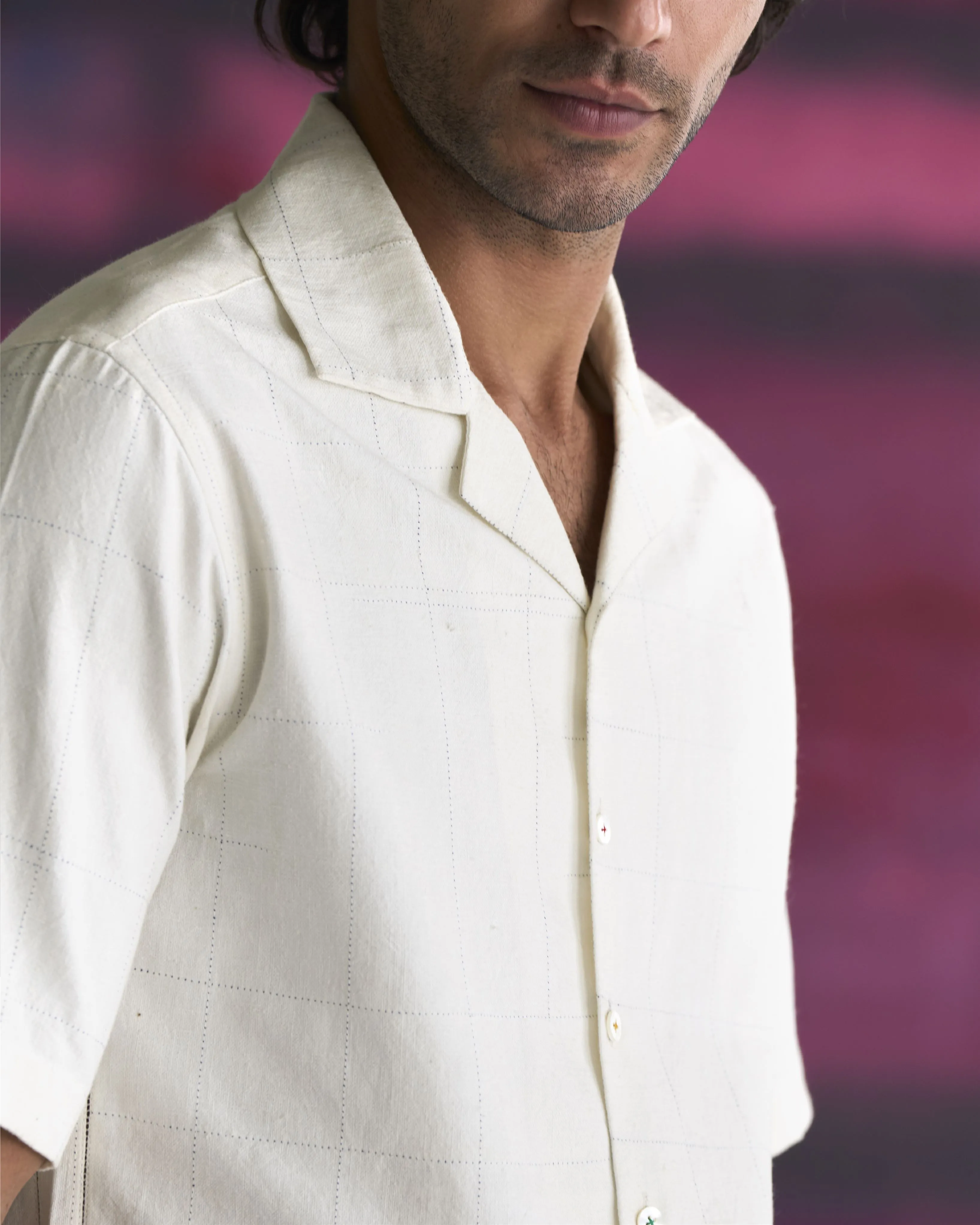 Summer Bush Shirt Check Cotton Linen White S413CL284 SuketDhir