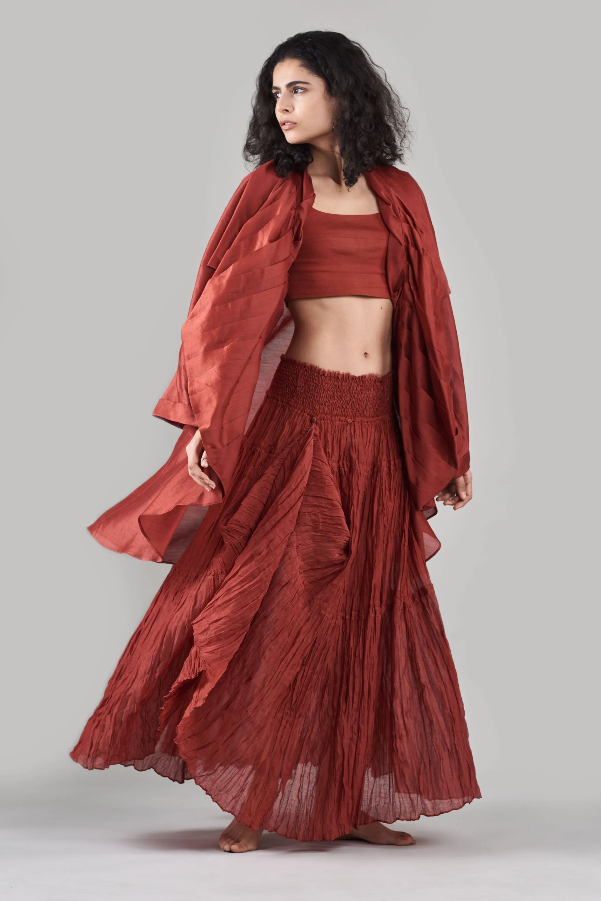 Summer Co-Ord Jacket Skirt (Set of 3) Silk Cotton Crinkle Black/White/Plum/Nude/Clay-Fashion Edit Sahaja Vana-Ituvana-06
