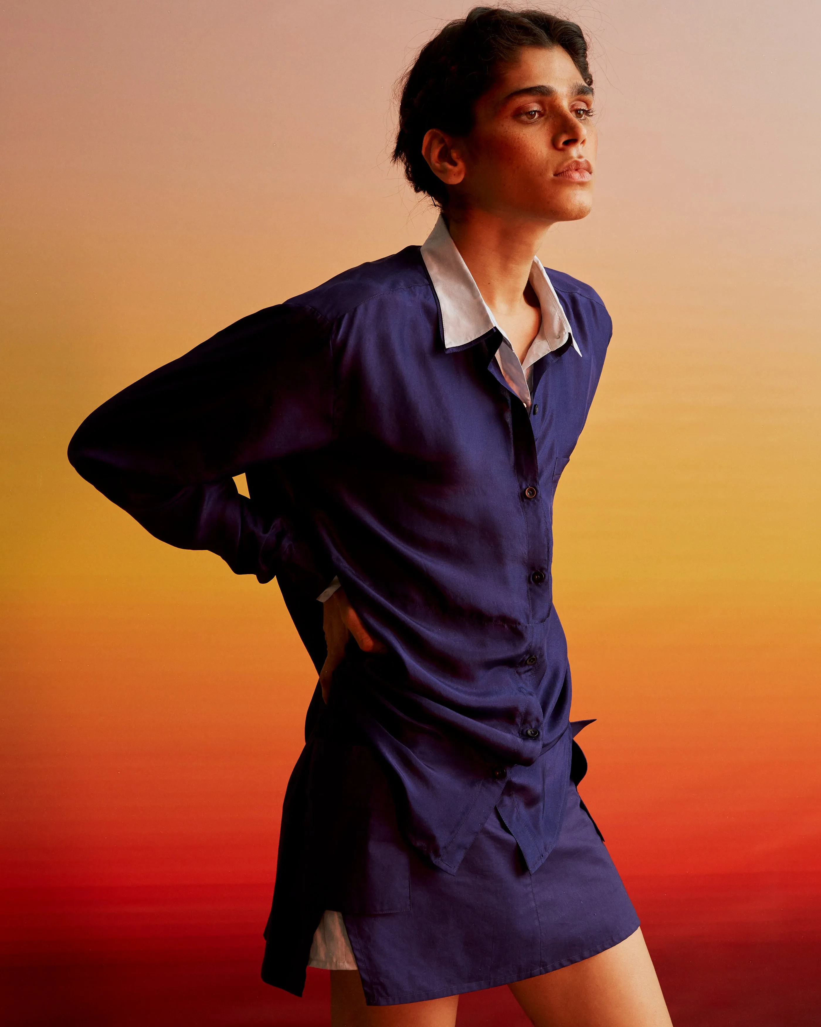 Summer Co-Ord Skir Set-Silk-Aziza Duo Tone-47-Tan-Skyblue-Navy Blue-Black-Fashion Edit Ajna Vana-Ituvana