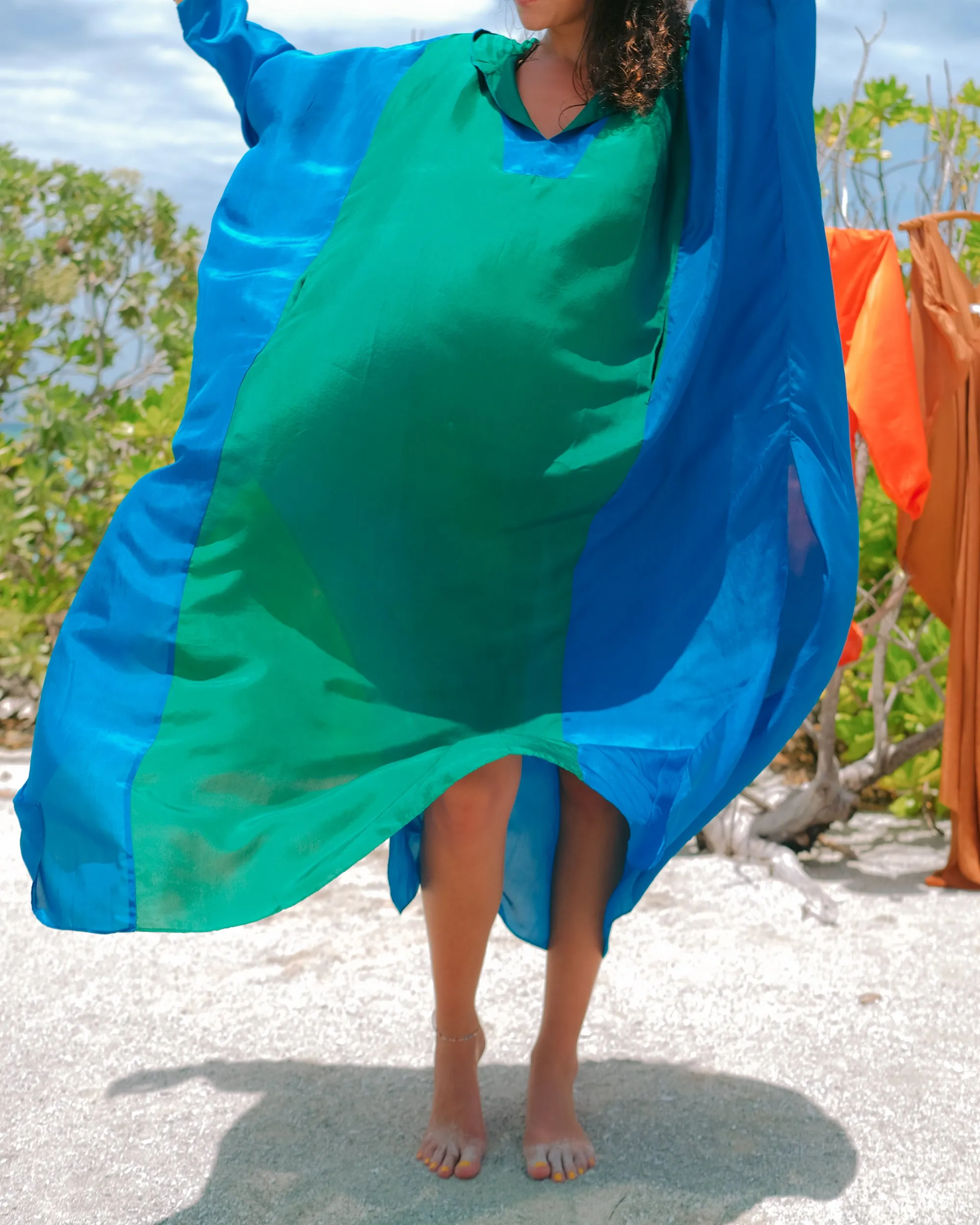 Summer Dress Kaftan-Silk-Viso Hooded-39-Fashion Edit Ajna Vana-Emerald Green-Ituvana