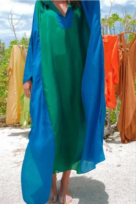 Summer Dress Kaftan-Silk-Viso Hooded-39-Fashion Edit Ajna Vana-Emerald Green-Ituvana