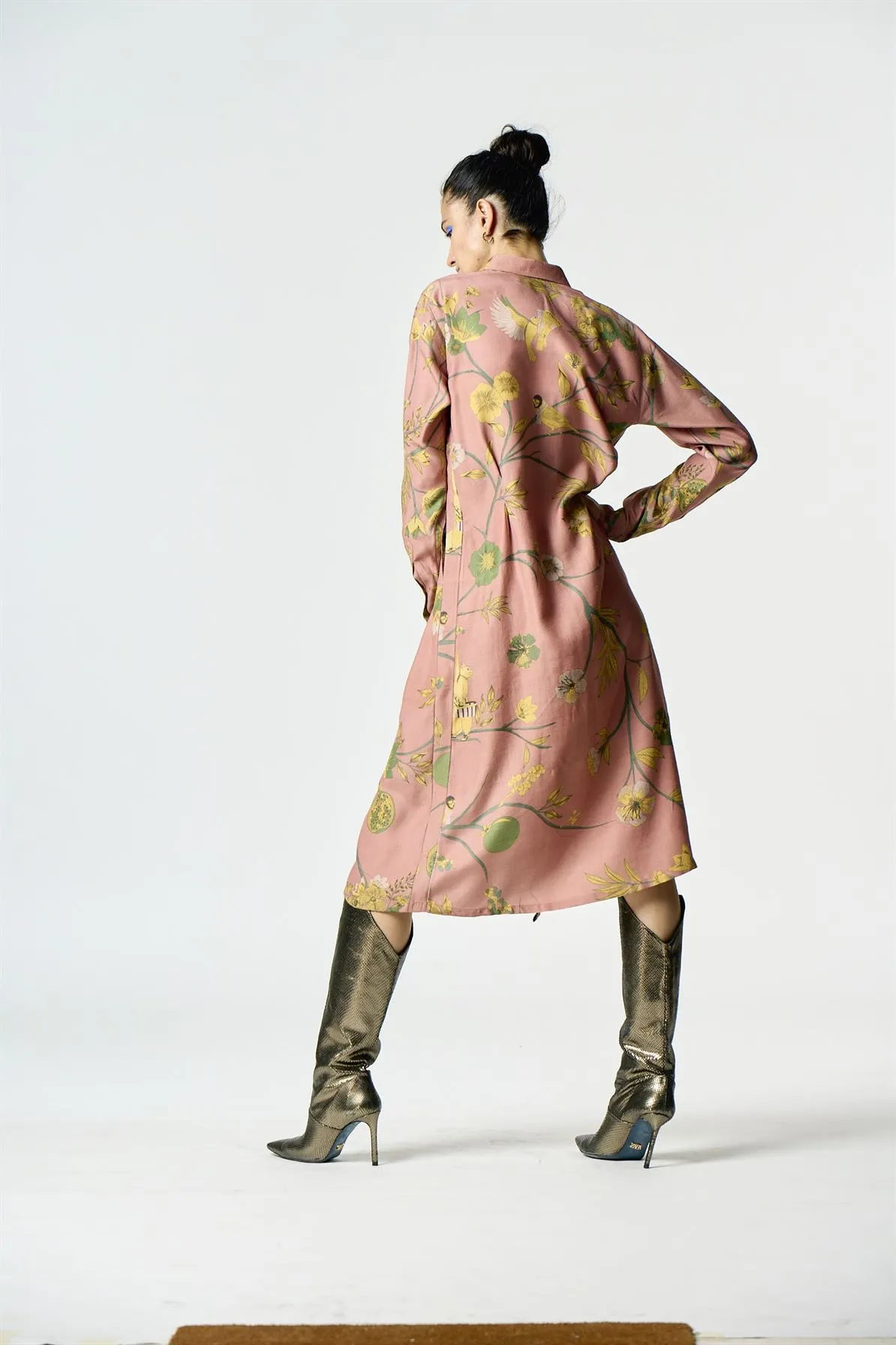Summer-Dress Pleated Rose Muga Satin Silk-Fashion Edit Orchard-WDR501MT537-SUKETDHIR
