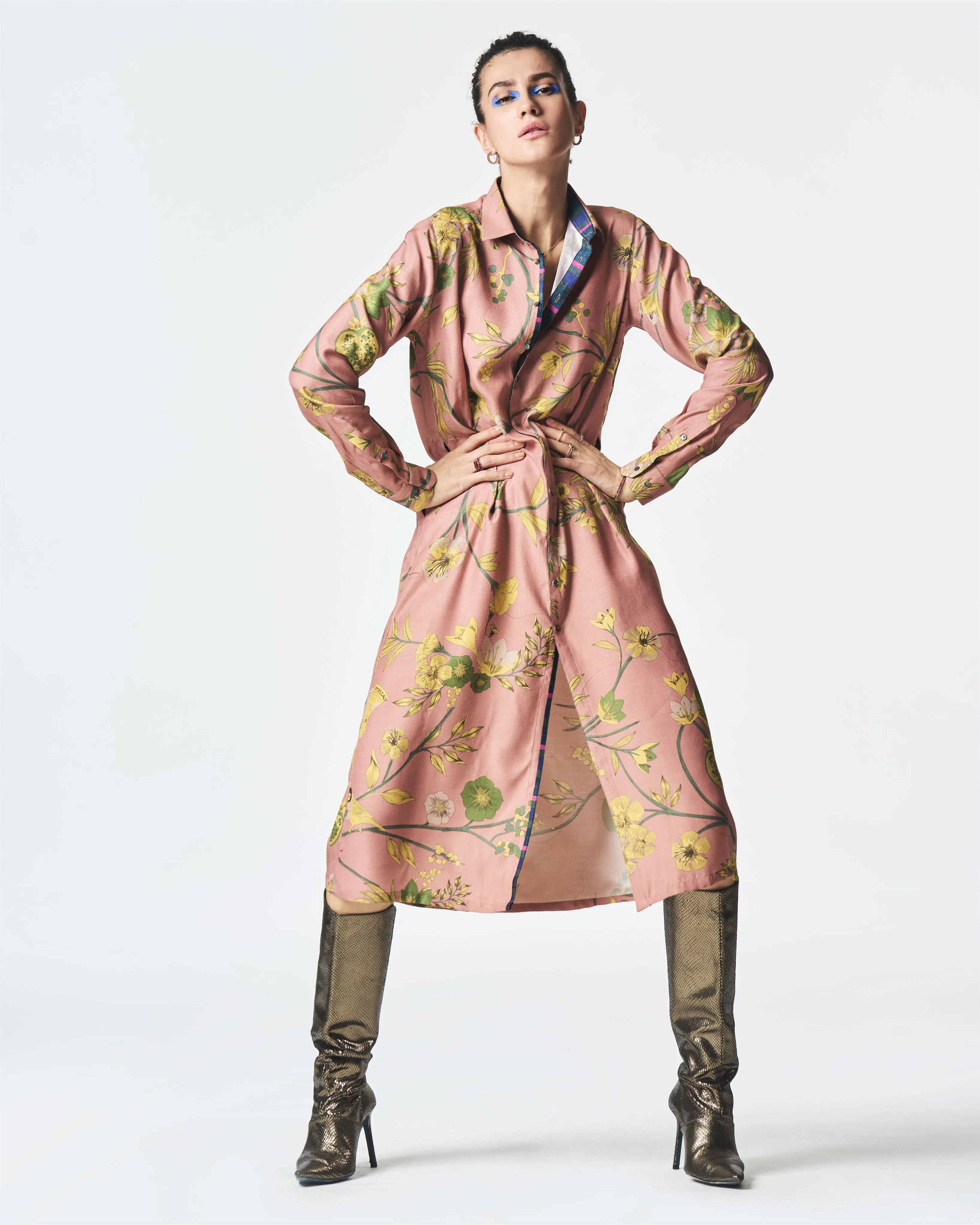 Summer-Dress Pleated Rose Muga Satin Silk-Fashion Edit Orchard-WDR501MT537-SUKETDHIR