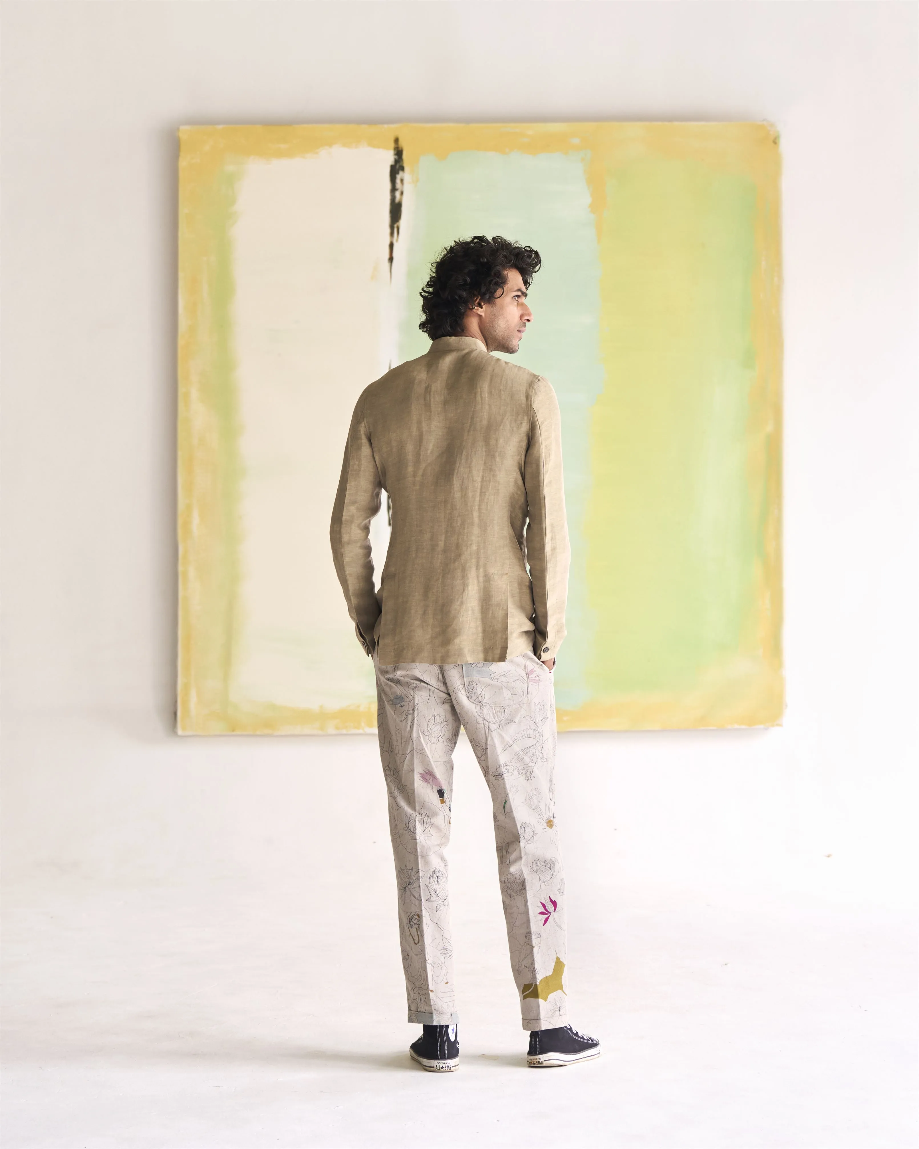 Summer Jacket Bandhgala Sage Satin Linen OW305SL50 SuketDhir