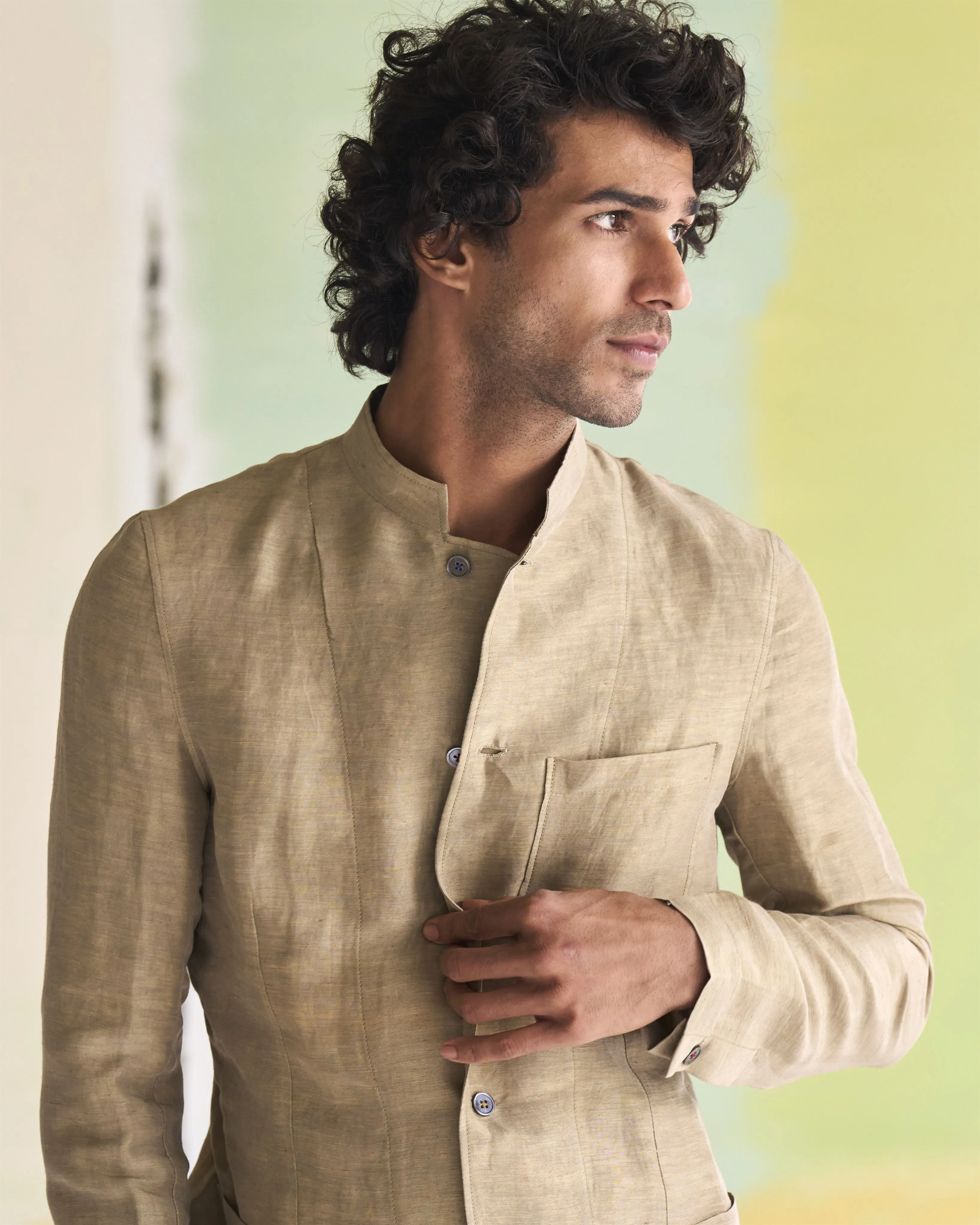 Summer Jacket Bandhgala Sage Satin Linen OW305SL50 SuketDhir