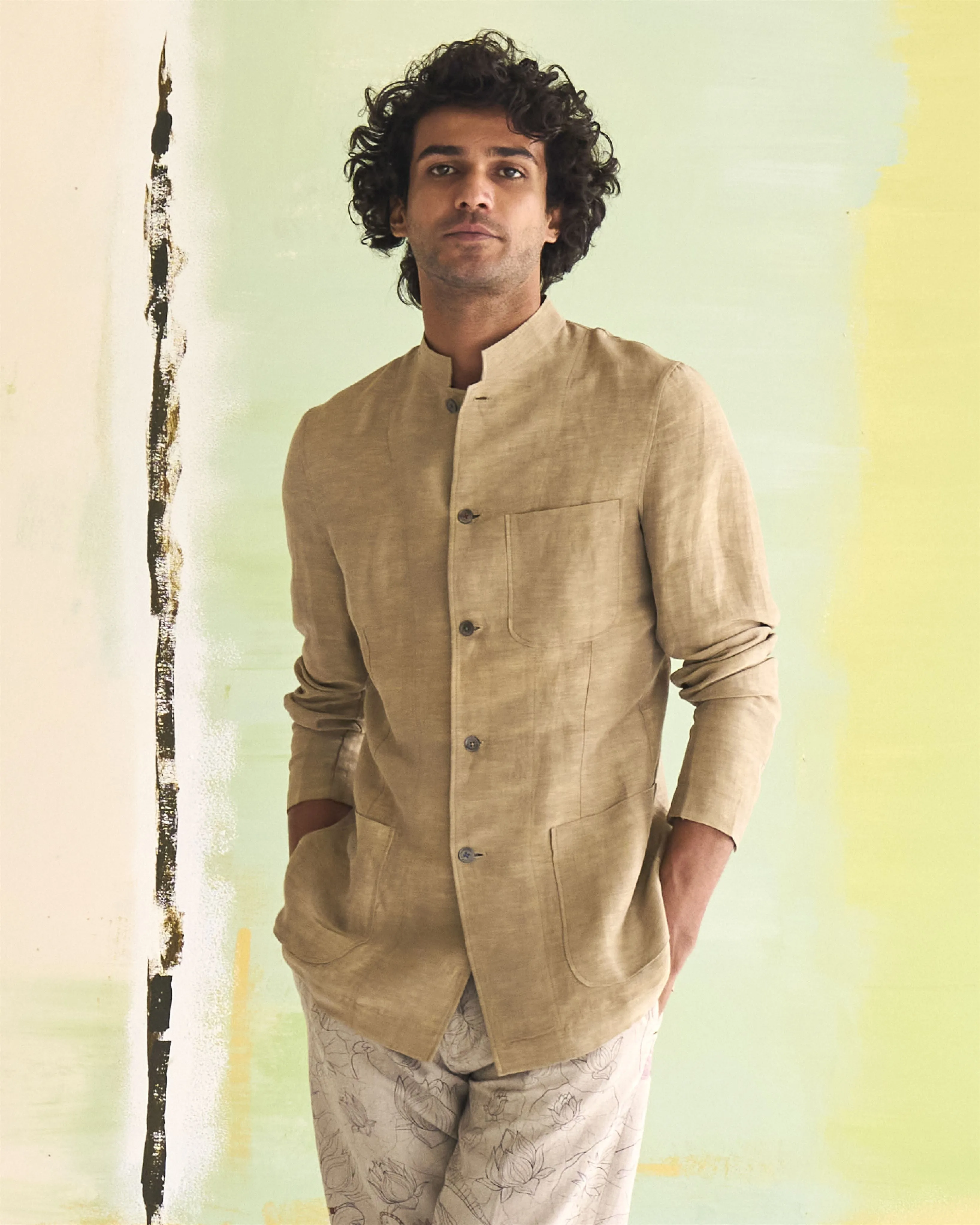 Summer Jacket Bandhgala Sage Satin Linen OW305SL50 SuketDhir