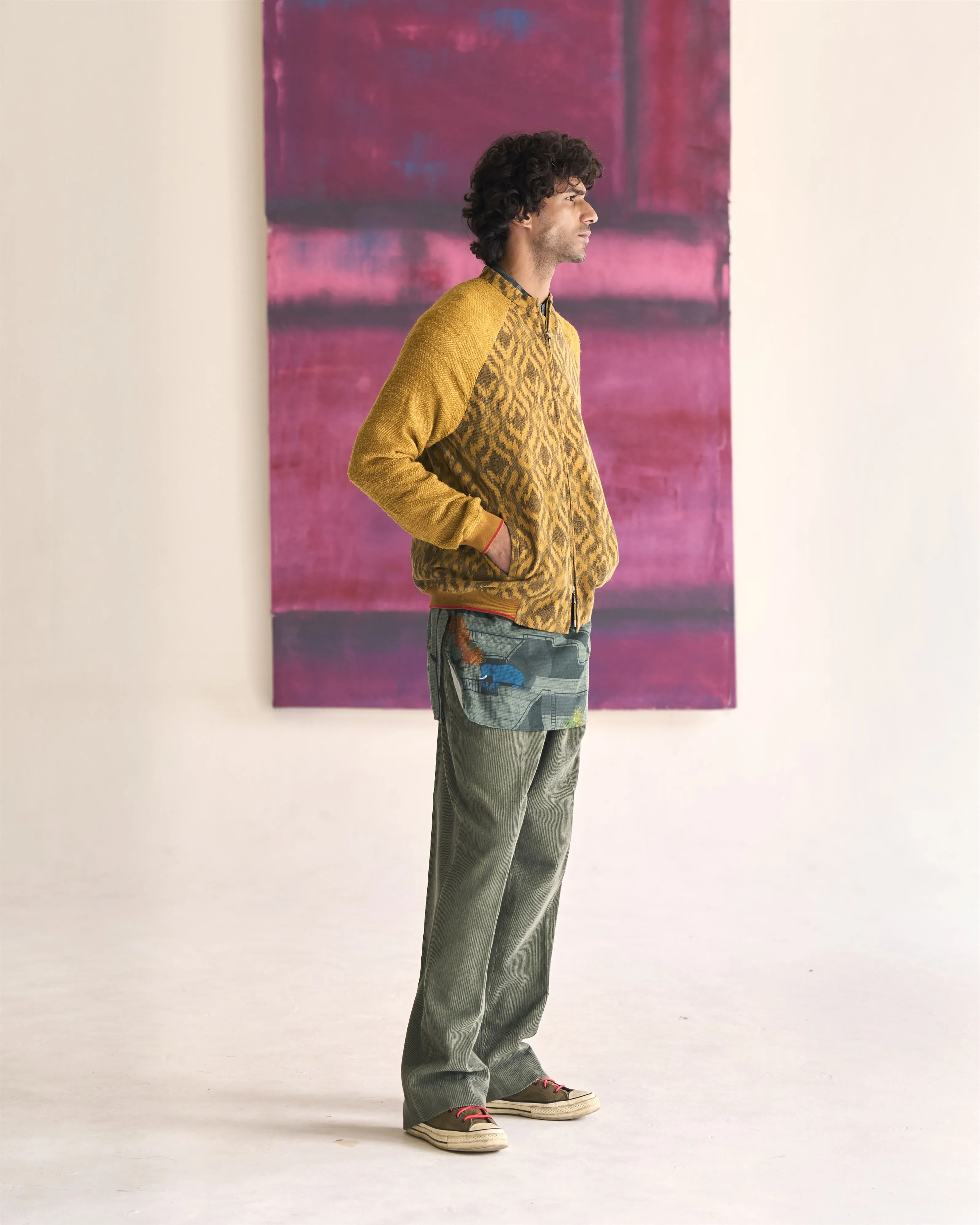 Summer Jacket Bomber Animal Janbaaz Cotton Ikat Mustard OW301CIE06 SuketDhir