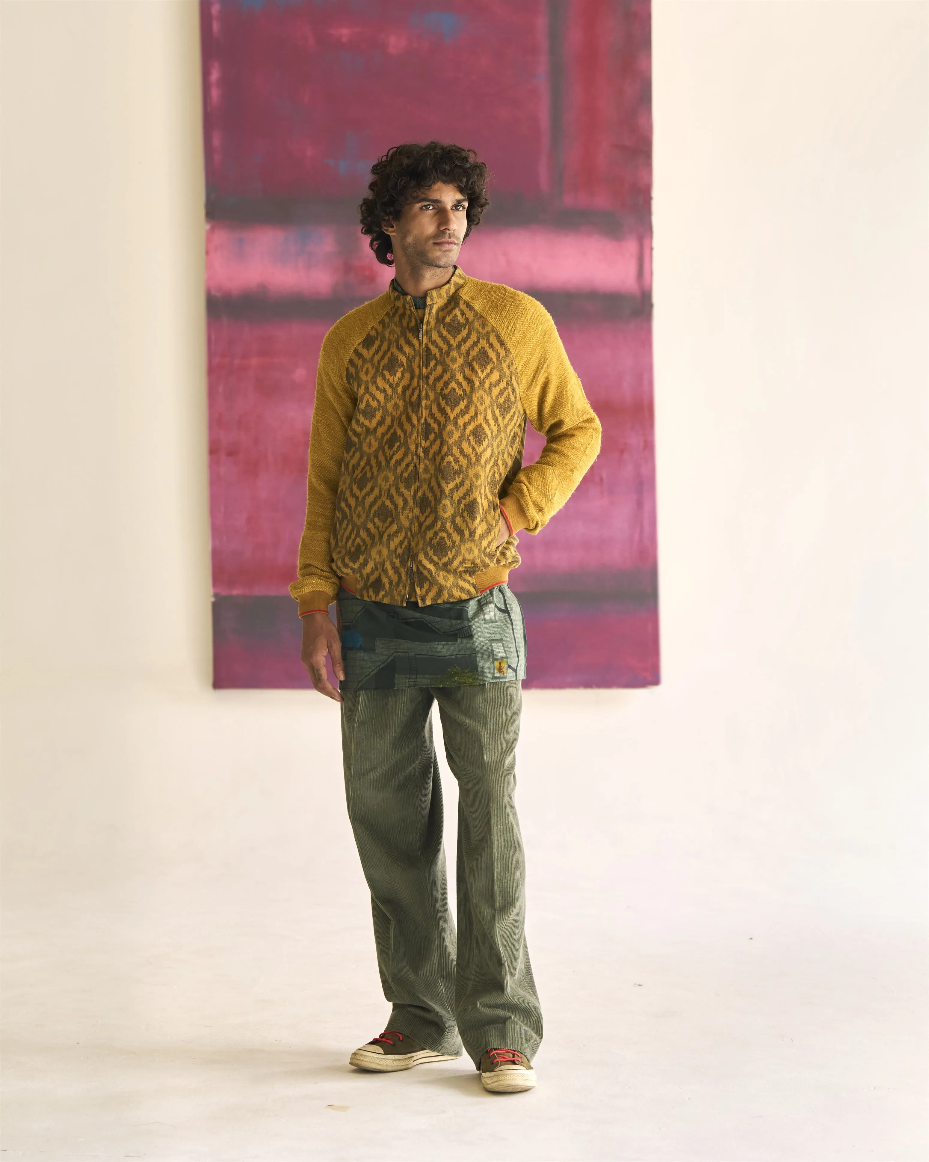 Summer Jacket Bomber Animal Janbaaz Cotton Ikat Mustard OW301CIE06 SuketDhir