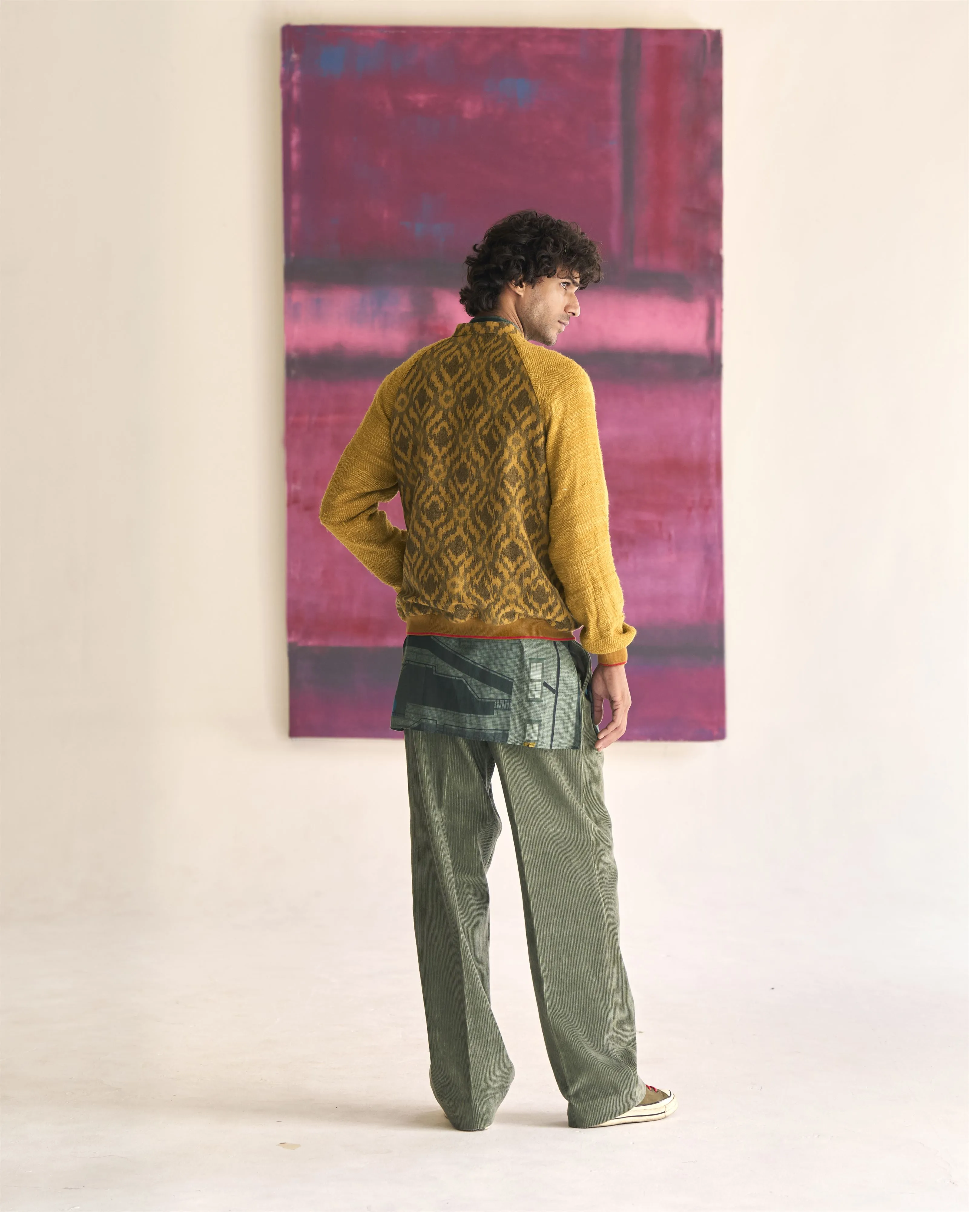 Summer Jacket Bomber Animal Janbaaz Cotton Ikat Mustard OW301CIE06 SuketDhir