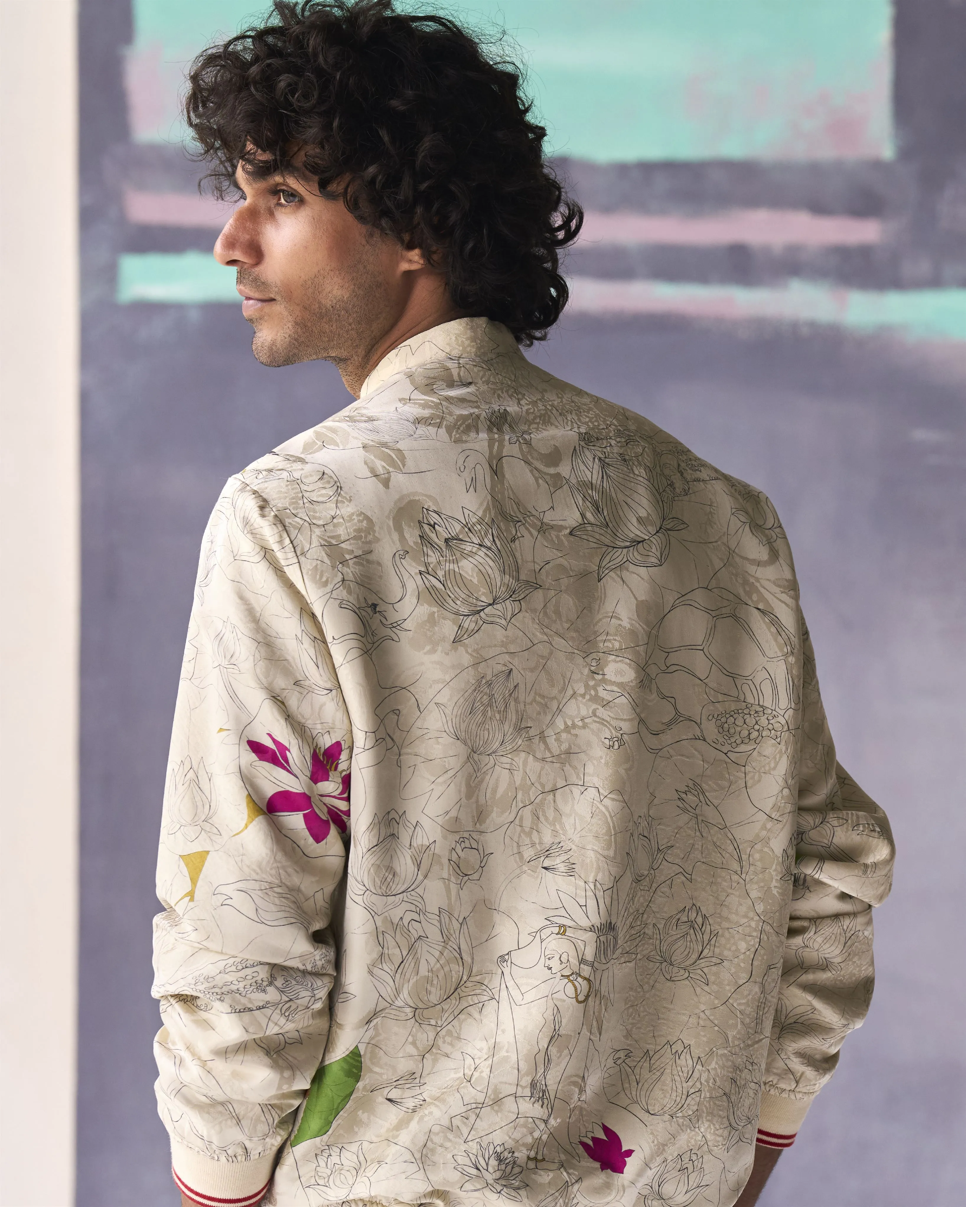 Summer Jacket Bomber Fresco Janbaaz Silk Damask White OW301SJ534 SuketDhir