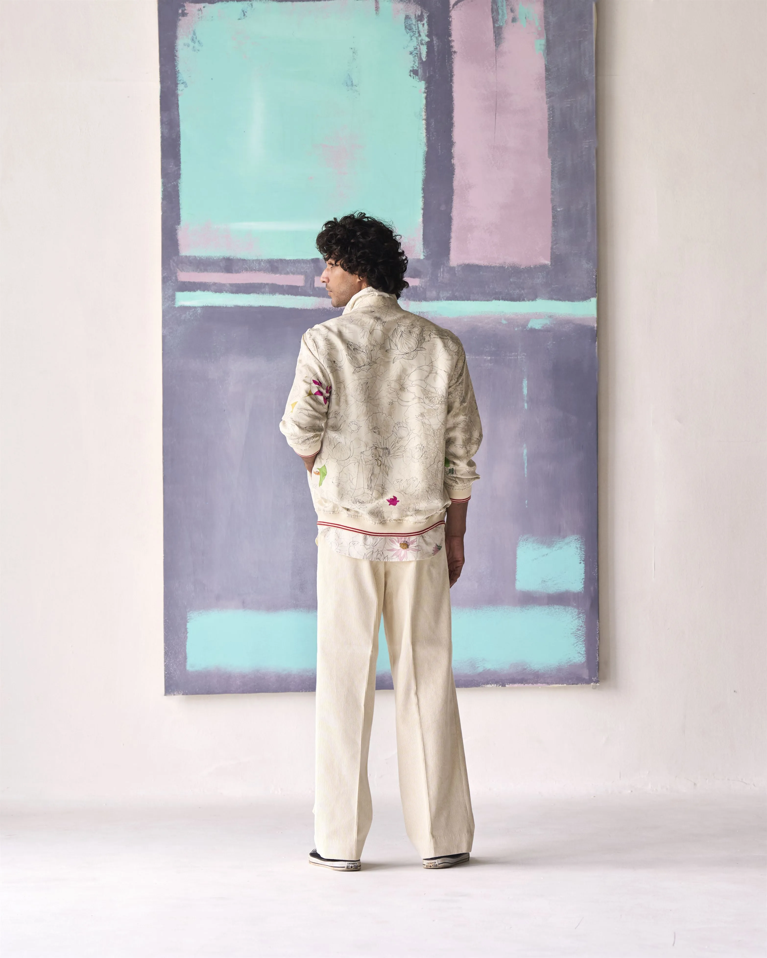 Summer Jacket Bomber Fresco Janbaaz Silk Damask White OW301SJ534 SuketDhir