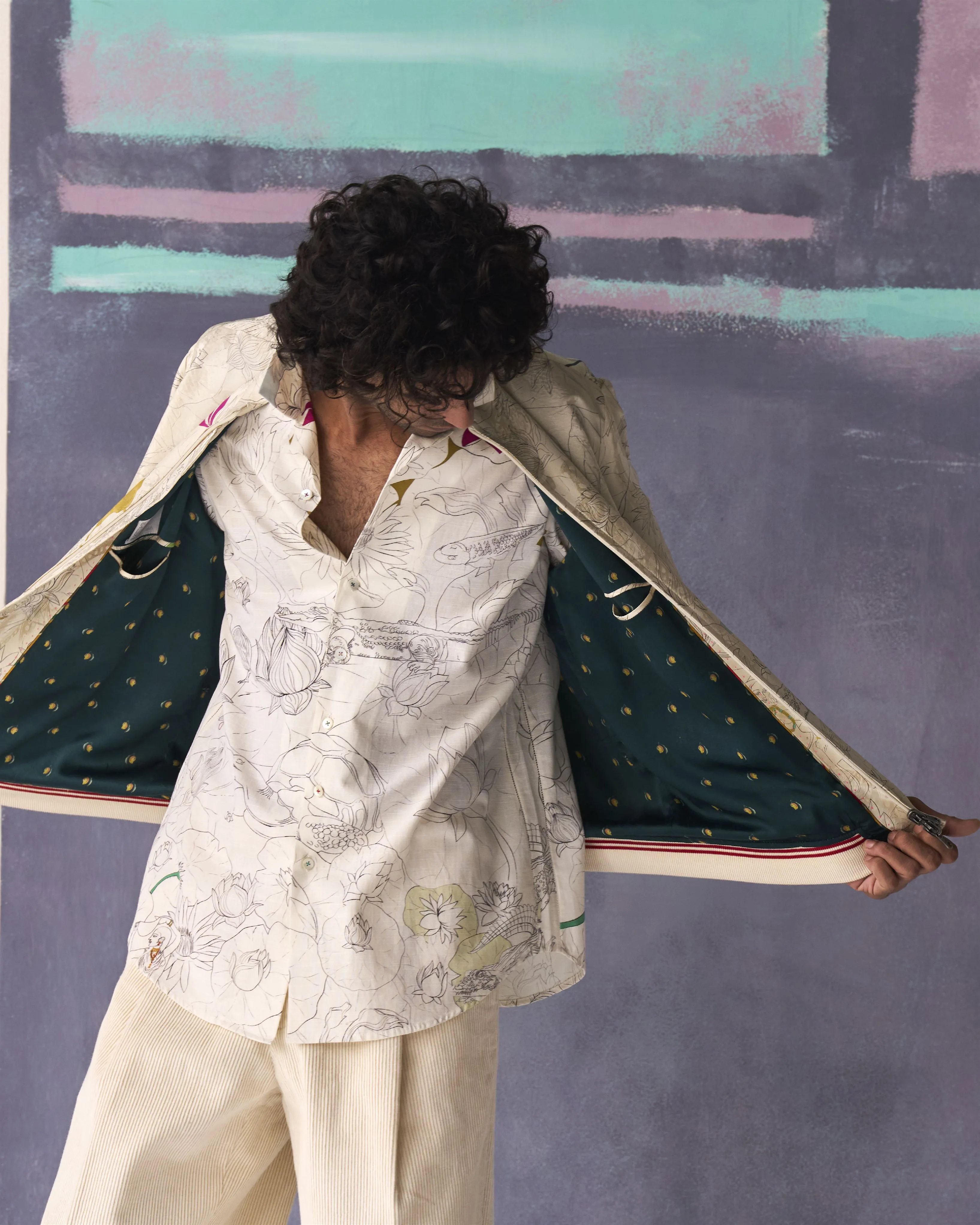 Summer Jacket Bomber Fresco Janbaaz Silk Damask White OW301SJ534 SuketDhir