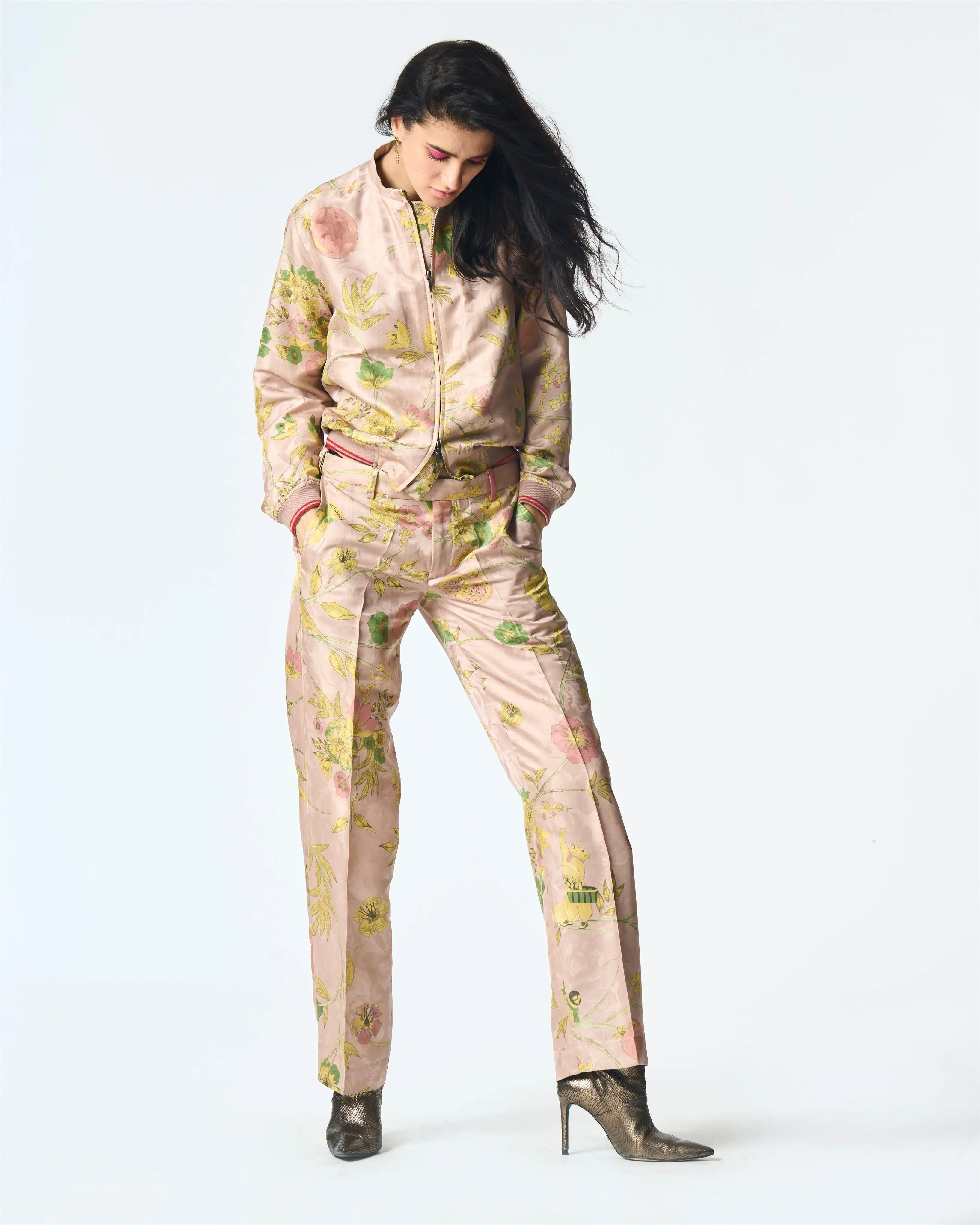 Summer-Jacket Bomber Janbaaz Pink Silk Damask-Fashion Edit Orchard-WOW301SJ544-SUKETDHIR