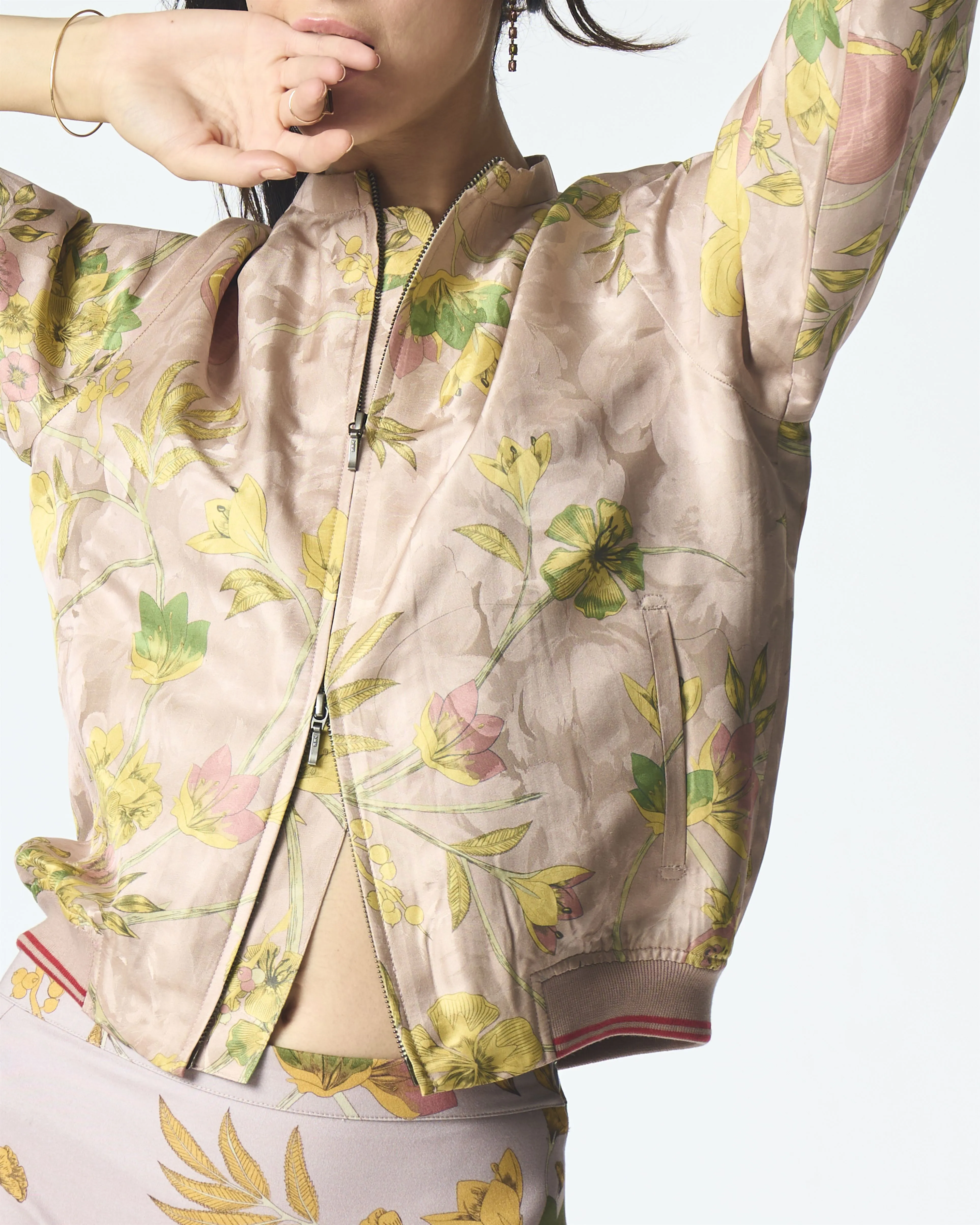 Summer-Jacket Bomber Janbaaz Pink Silk Damask-Fashion Edit Orchard-WOW301SJ544-SUKETDHIR