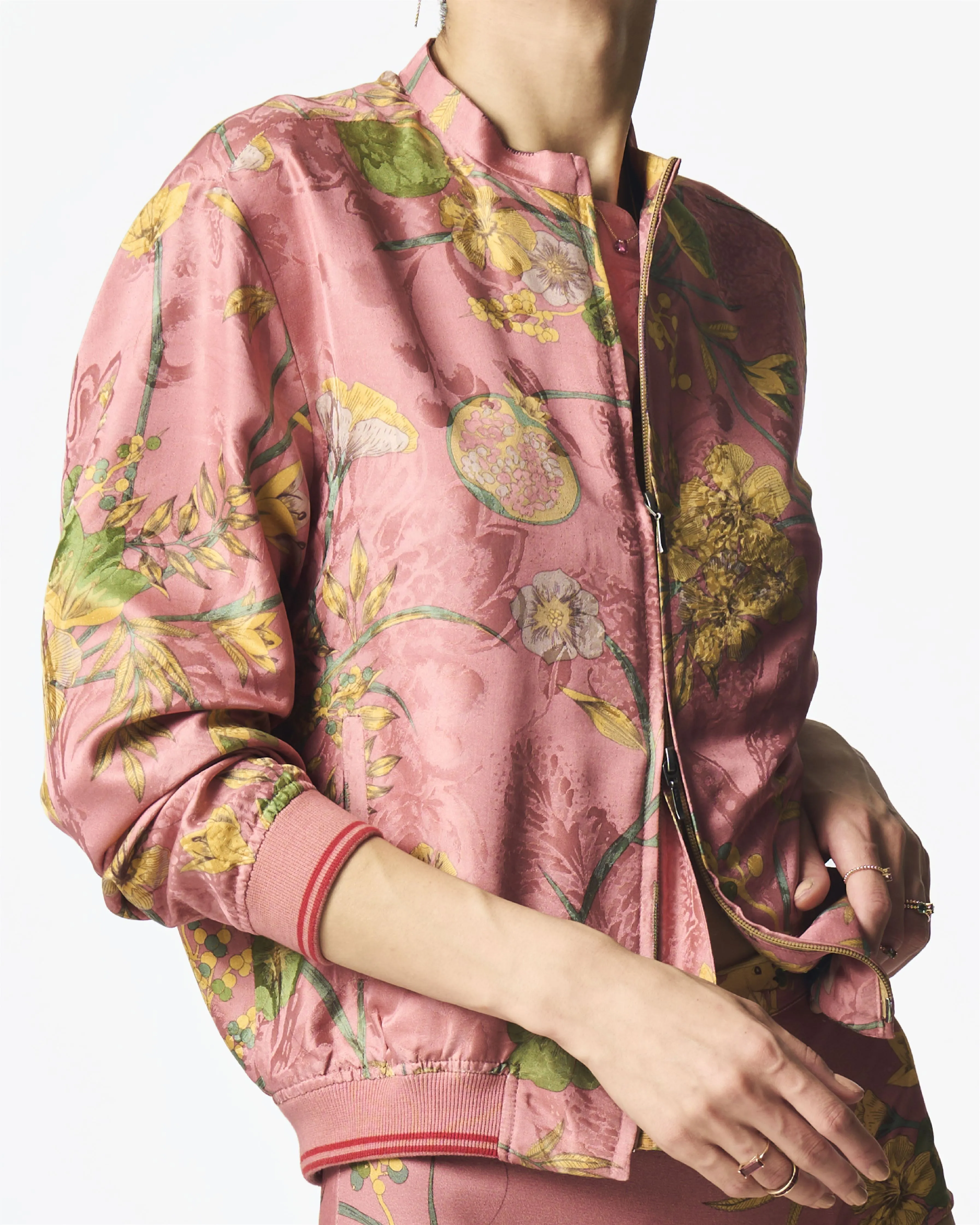 Summer-Jacket Bomber Janbaaz Rose Silk Damask-Fashion Edit Orchard-WOW301SJ537-SUKETDHIR