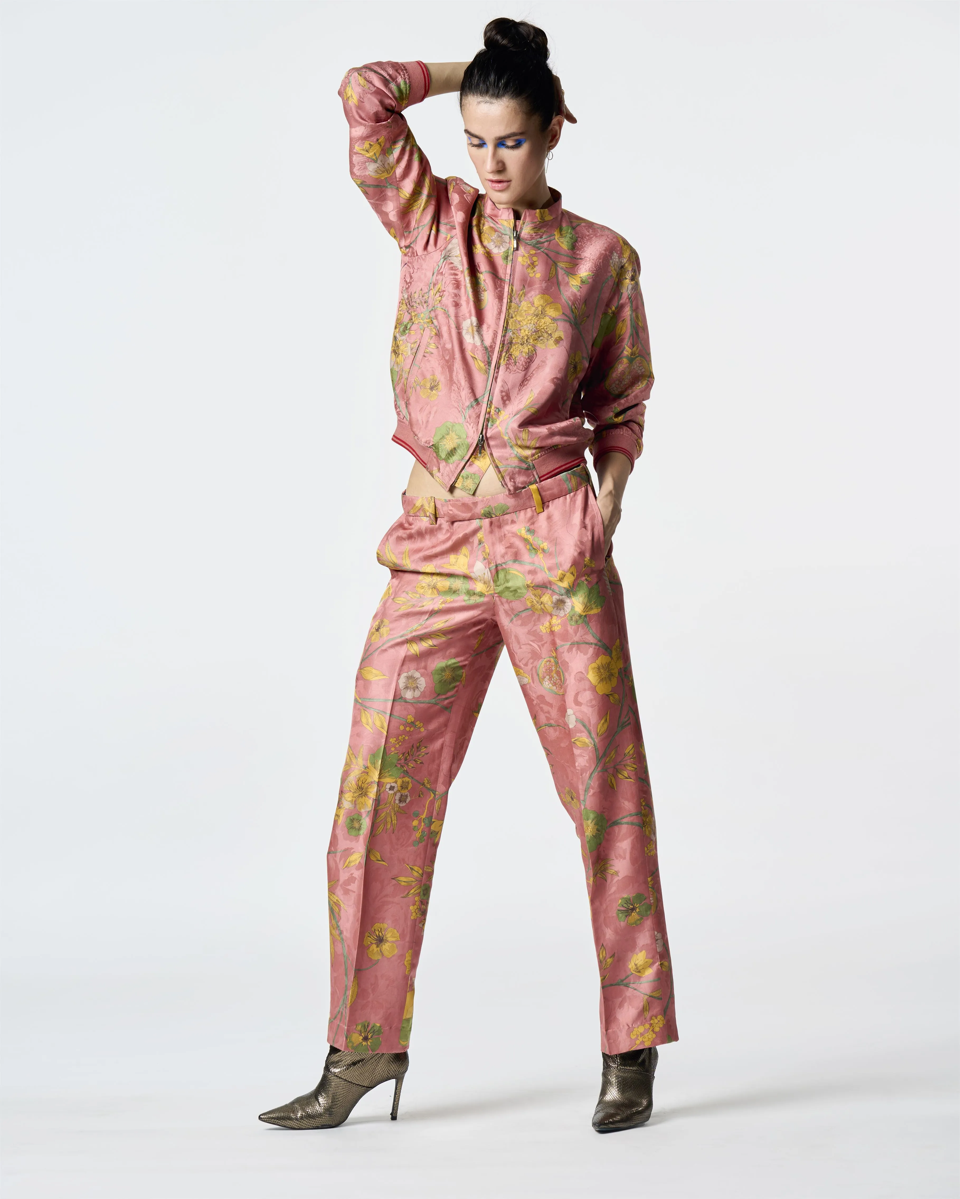 Summer-Jacket Bomber Janbaaz Rose Silk Damask-Fashion Edit Orchard-WOW301SJ537-SUKETDHIR