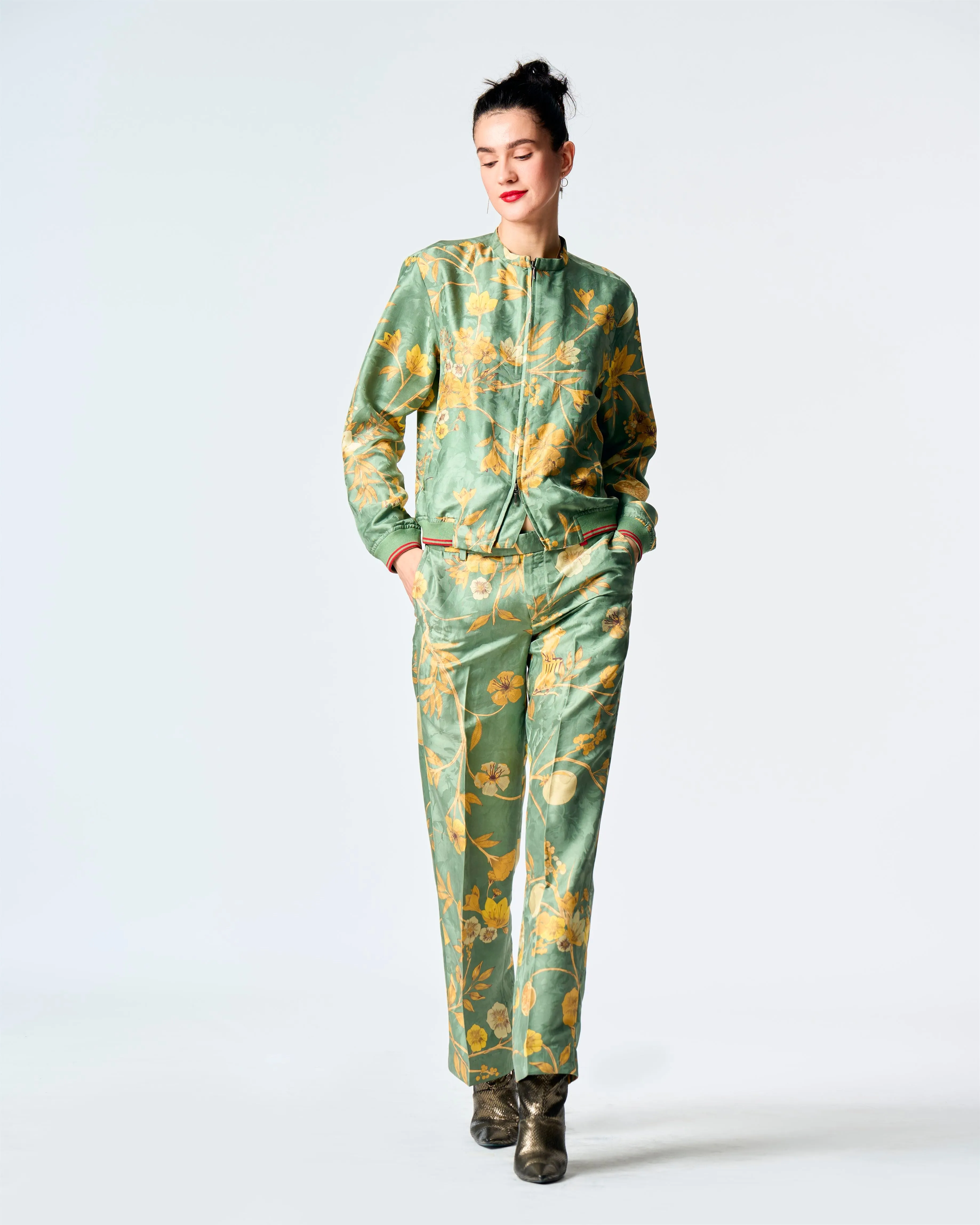 Summer-Jacket Bomber Janbaaz Sage Silk Damask-Fashion Edit Orchard-WOW301SJ538-SUKETDHIR