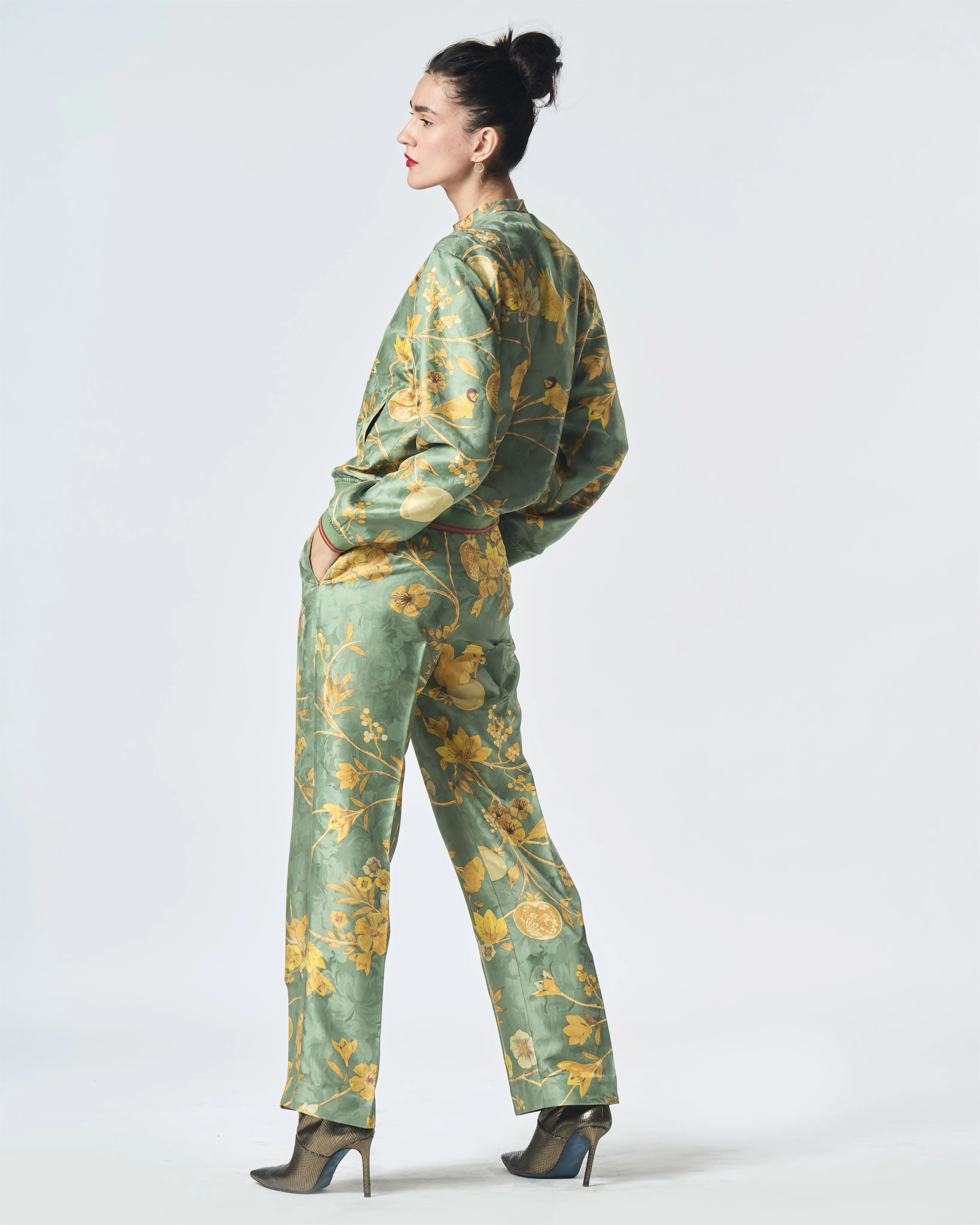 Summer-Jacket Bomber Janbaaz Sage Silk Damask-Fashion Edit Orchard-WOW301SJ538-SUKETDHIR
