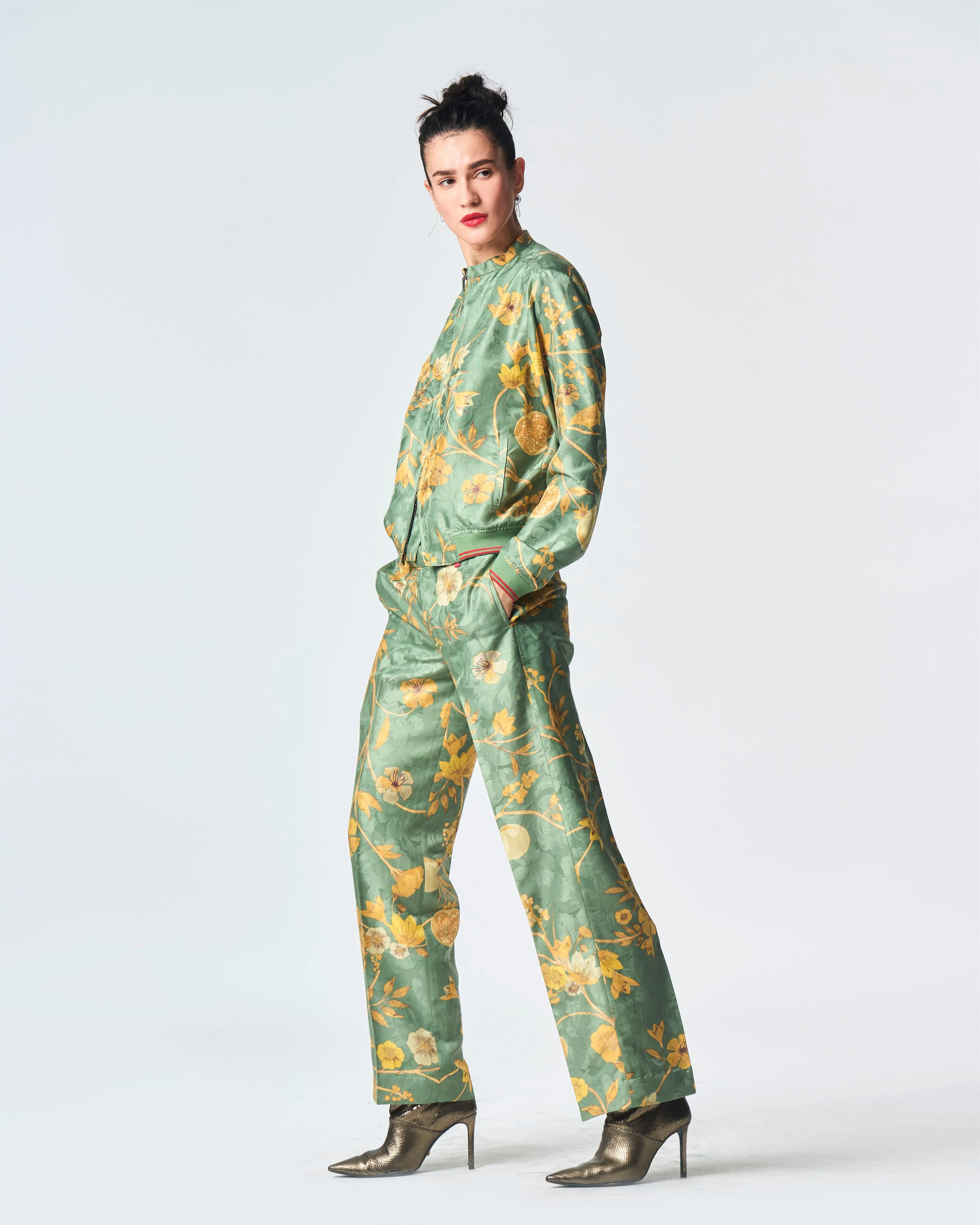 Summer-Jacket Bomber Janbaaz Sage Silk Damask-Fashion Edit Orchard-WOW301SJ538-SUKETDHIR