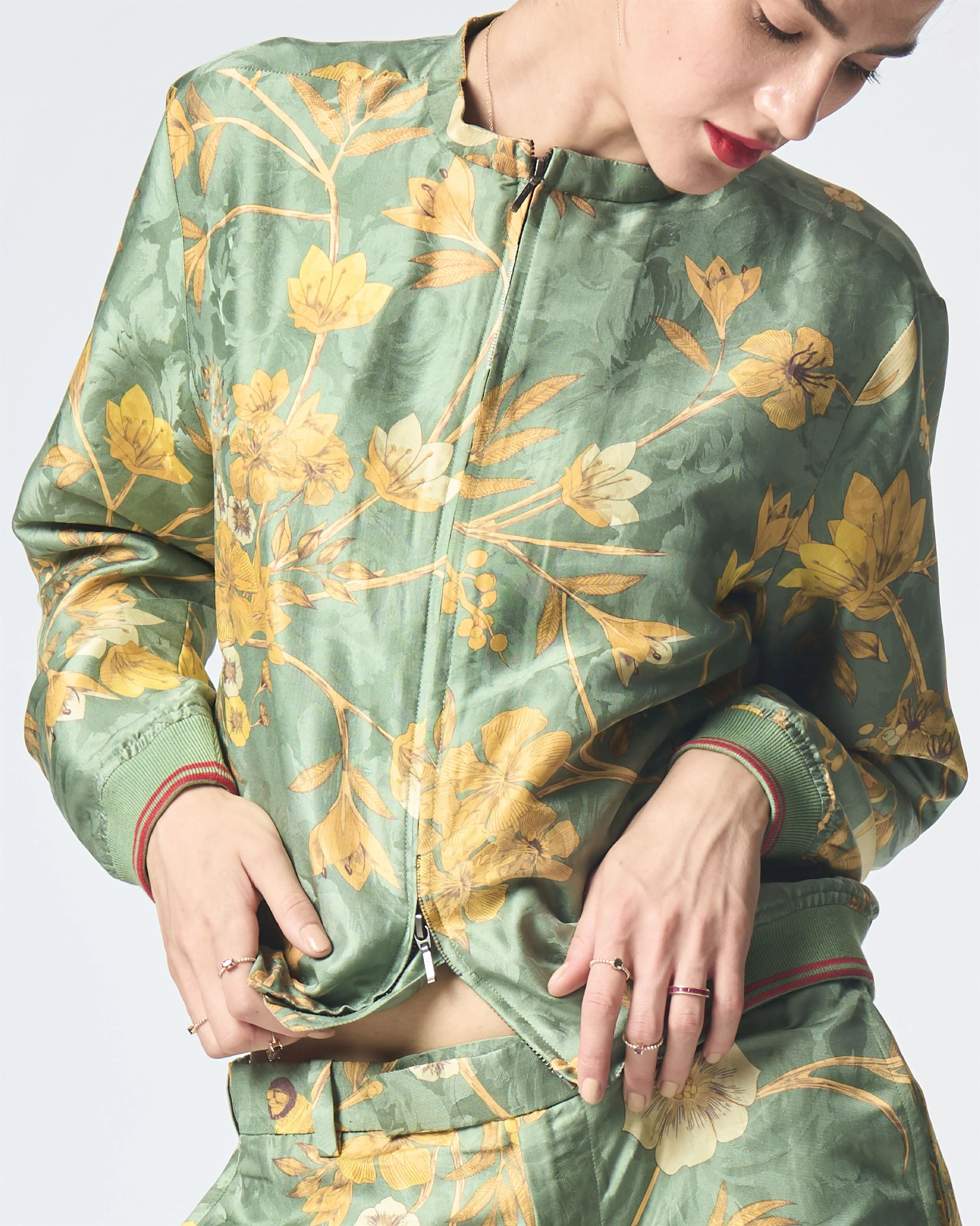 Summer-Jacket Bomber Janbaaz Sage Silk Damask-Fashion Edit Orchard-WOW301SJ538-SUKETDHIR
