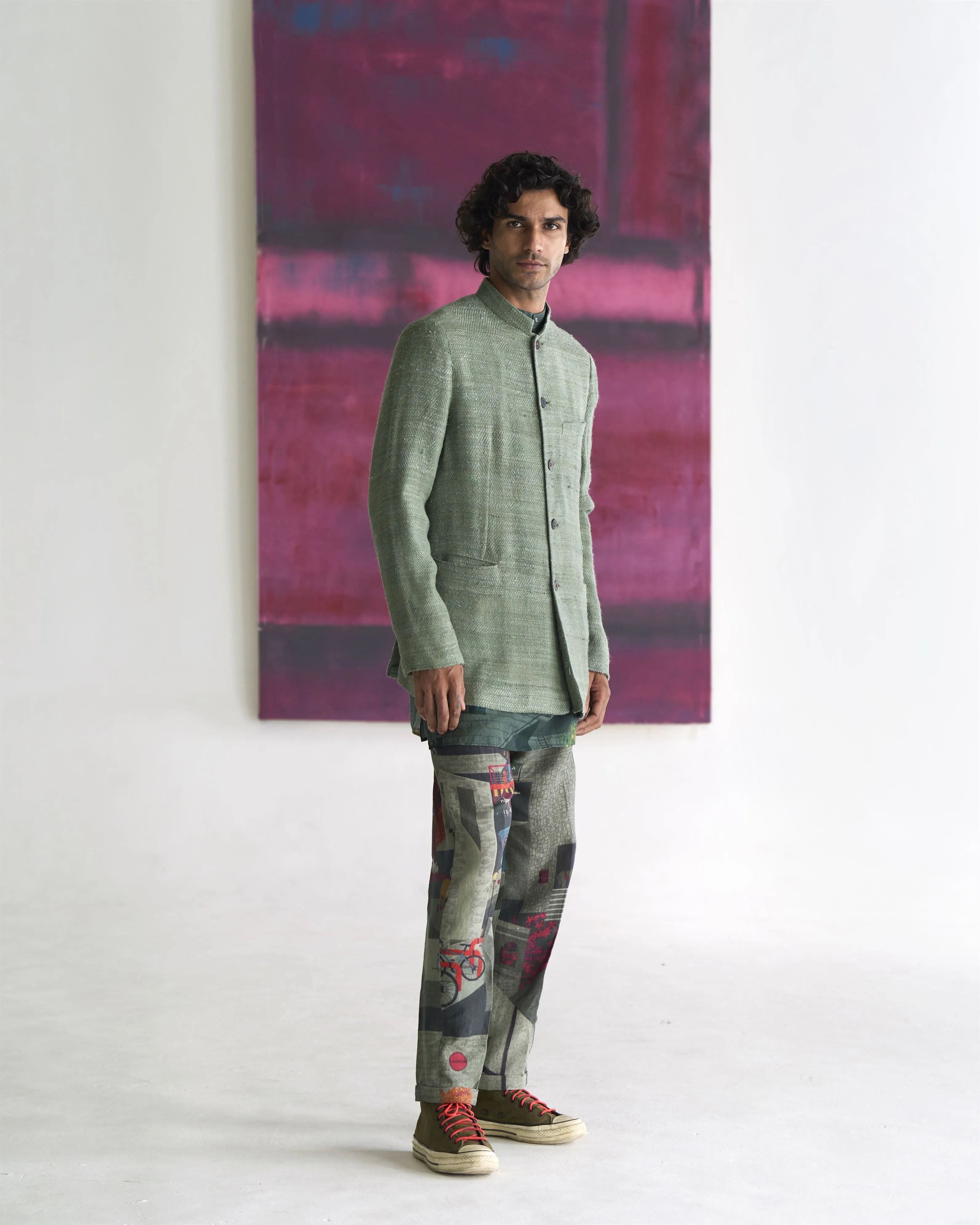 Summer Jacket Jacket Bandhgala Eri Silk Sage OW305ES50 SuketDhir