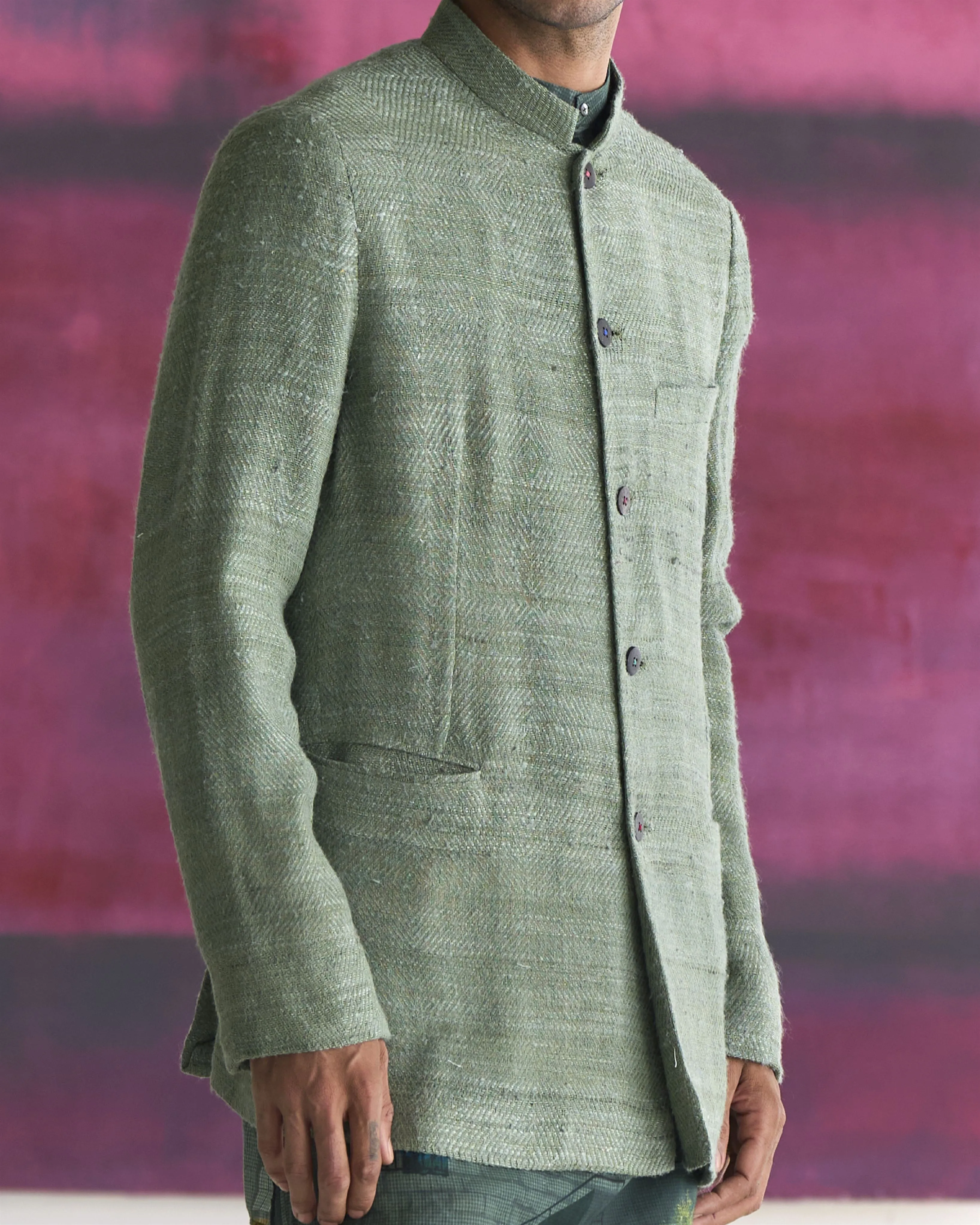 Summer Jacket Jacket Bandhgala Eri Silk Sage OW305ES50 SuketDhir