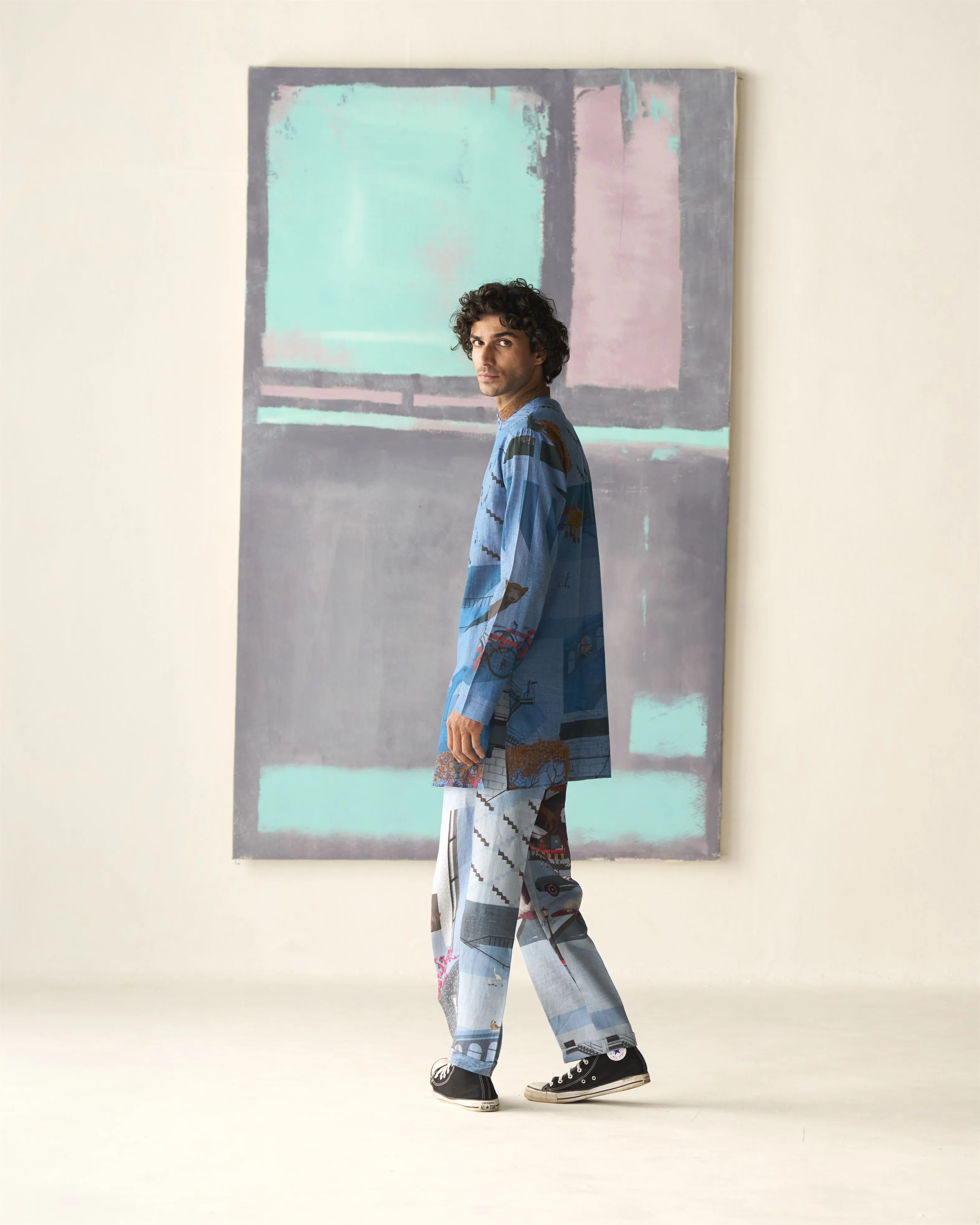 Summer Tunic Kurta Animal Chhote Miyan Cotton Blue K202CO405 SuketDhir
