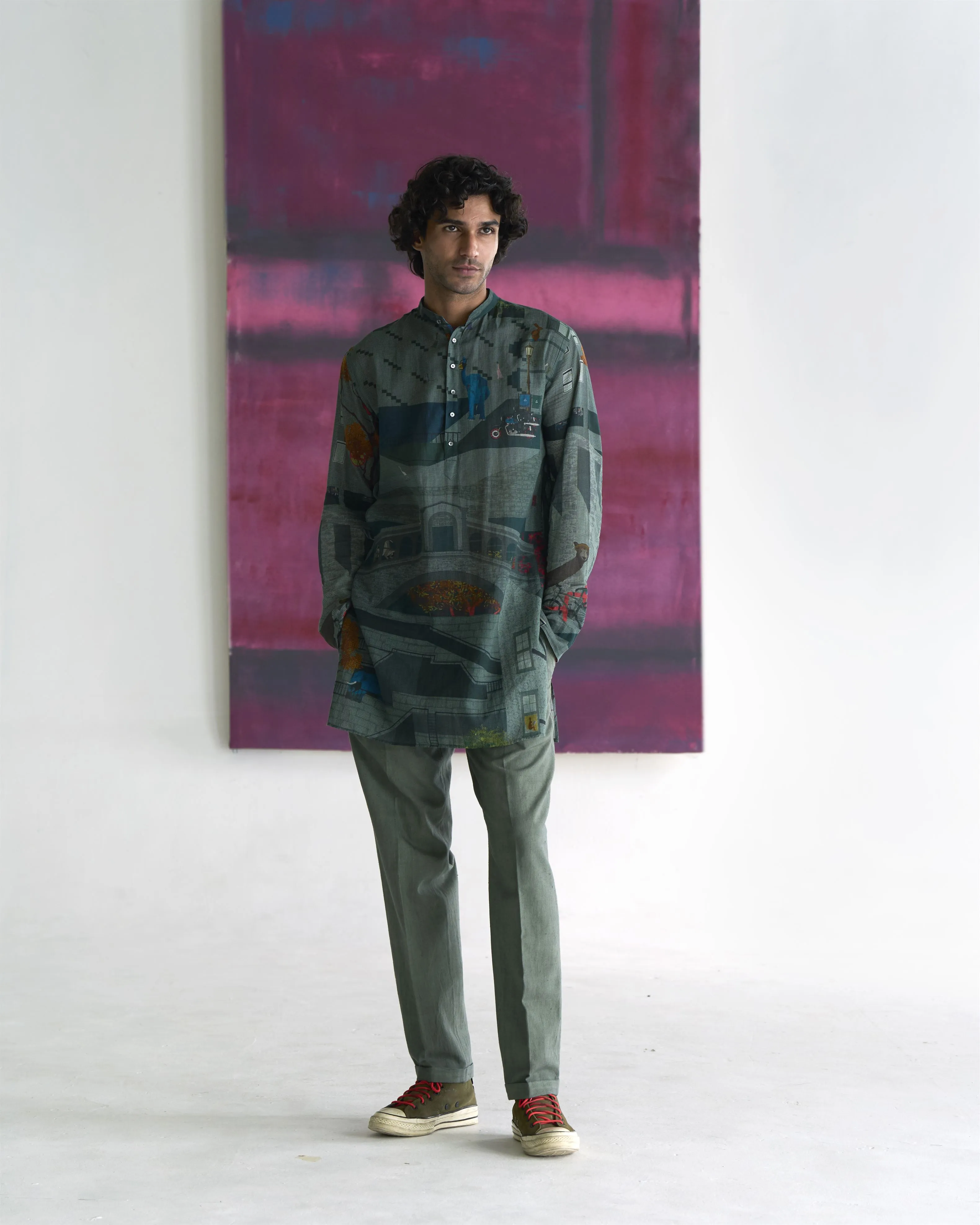 Summer Tunic Kurta Chhote Miyan Animal Cotton Sage K202CO387 SuketDhir