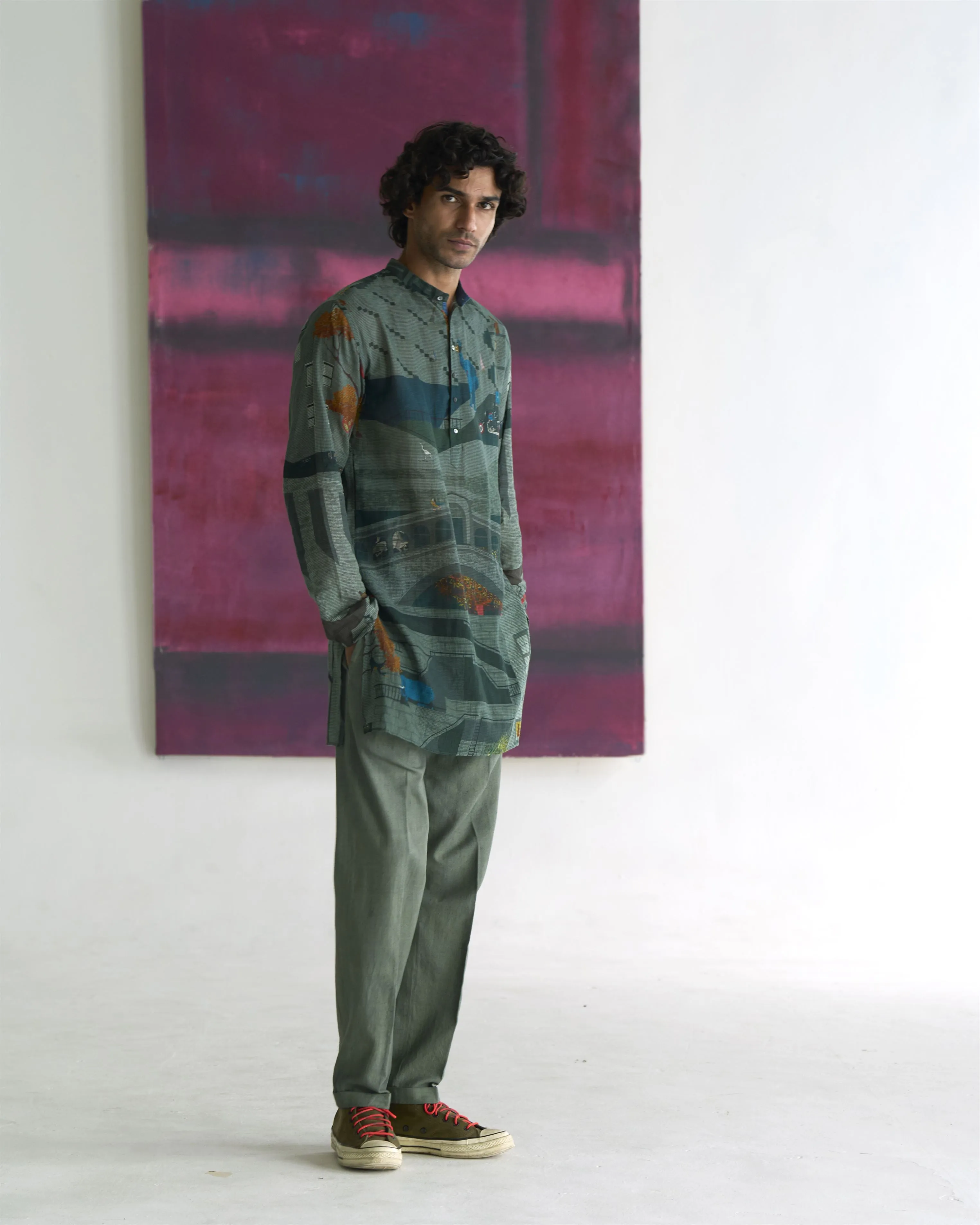 Summer Tunic Kurta Chhote Miyan Animal Cotton Sage K202CO387 SuketDhir