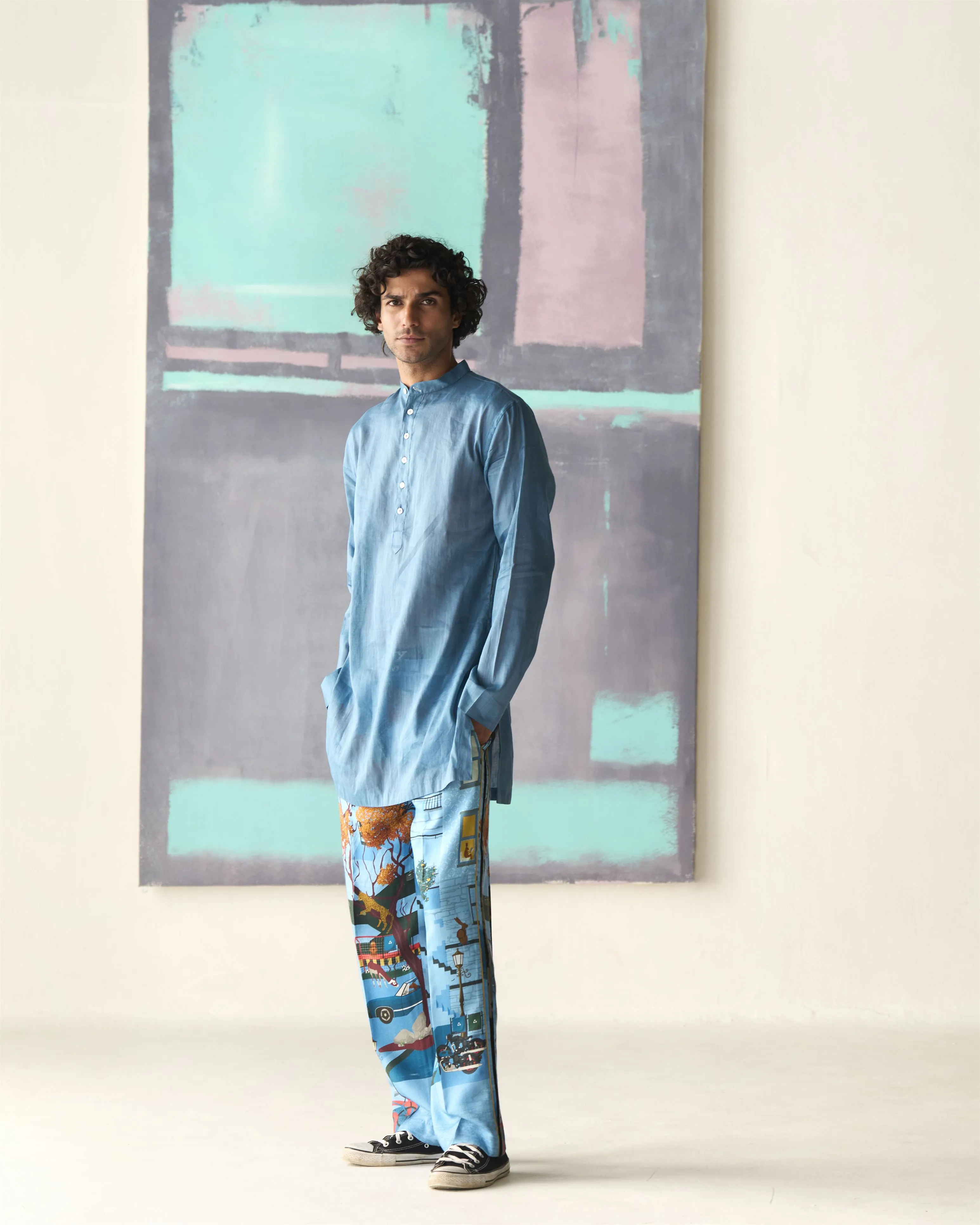 Summer Tunic Kurta Chhote Miyan Linen Voile Dusty Blue K202VL93 SuketDhir