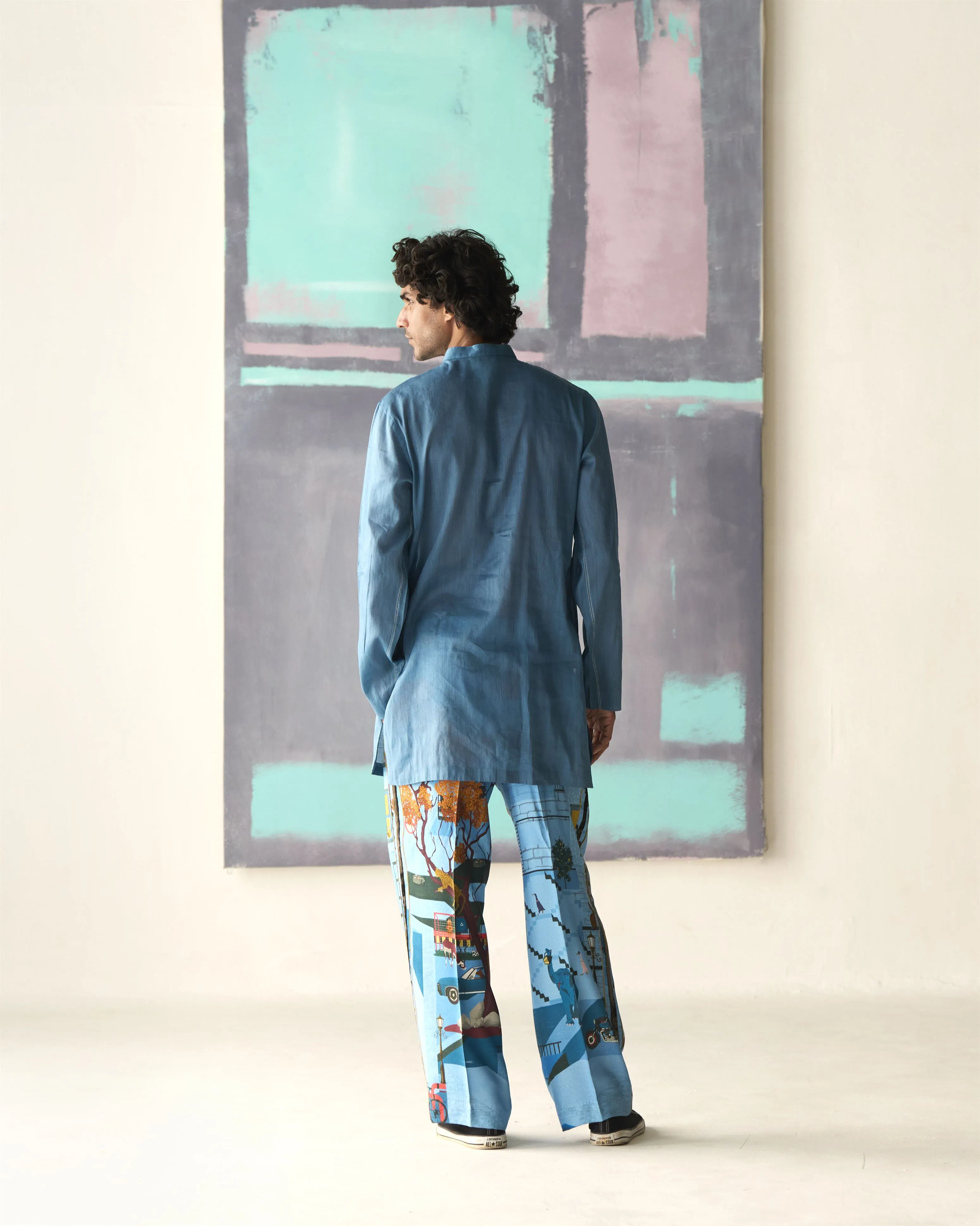 Summer Tunic Kurta Chhote Miyan Linen Voile Dusty Blue K202VL93 SuketDhir