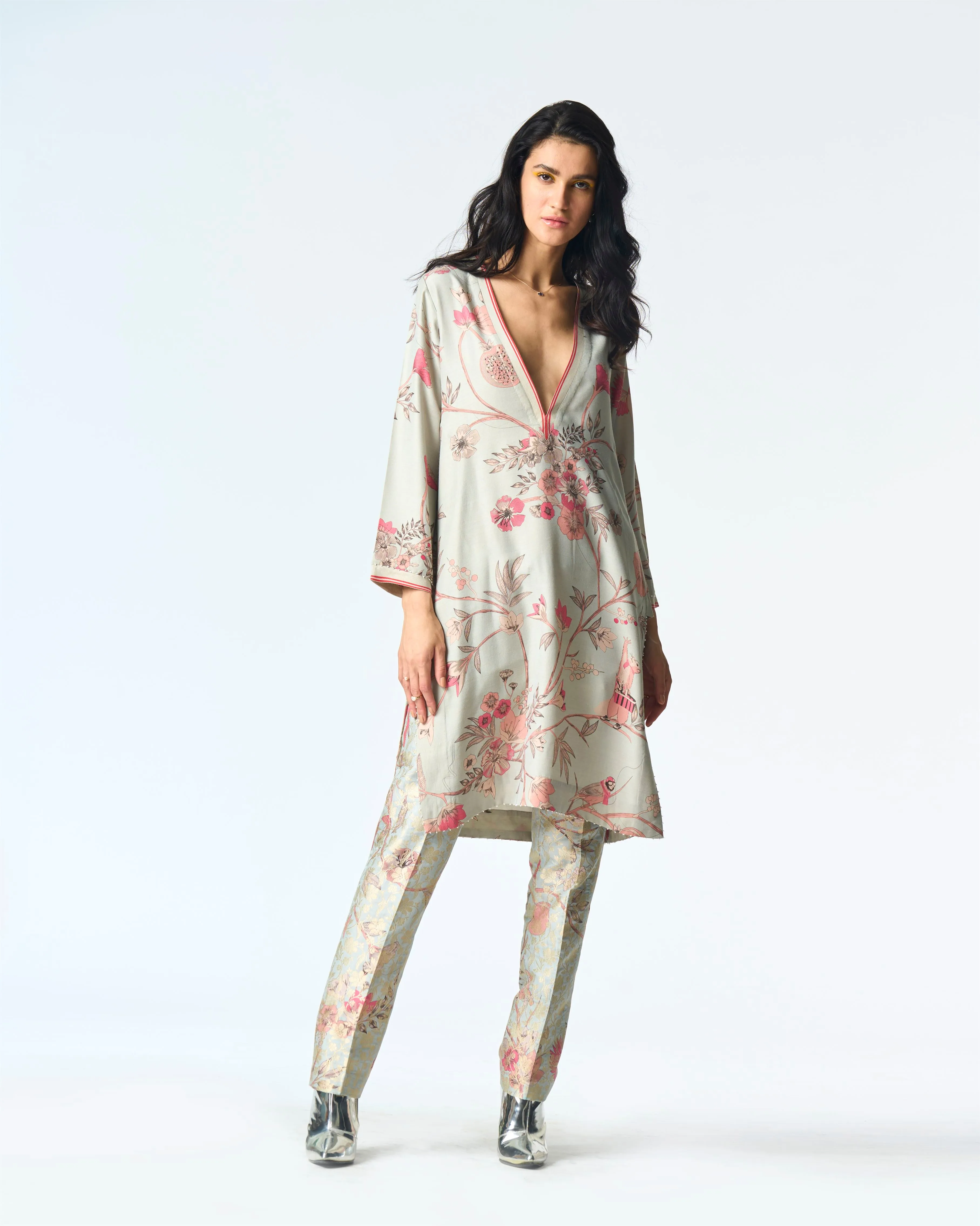 Summer-Tunic Kurta V Neck Blue Muga Satin Silk-Fashion Edit Orchard-WP507MT545-SUKETDHIR