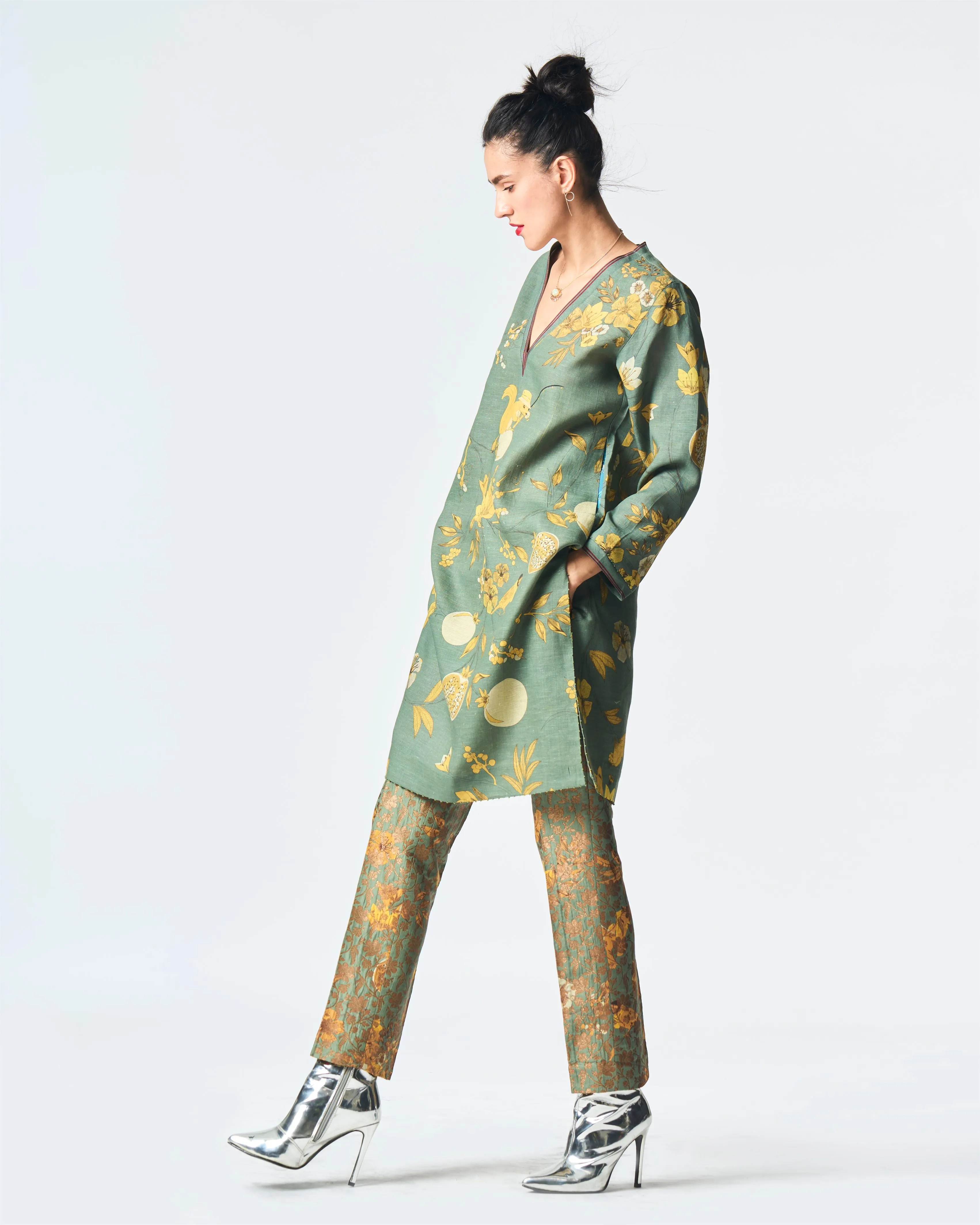 Summer-Tunic Kurta V Neck Sage Muga Satin Silk-Fashion Edit Orchard-WP507MT538-SUKETDHIR
