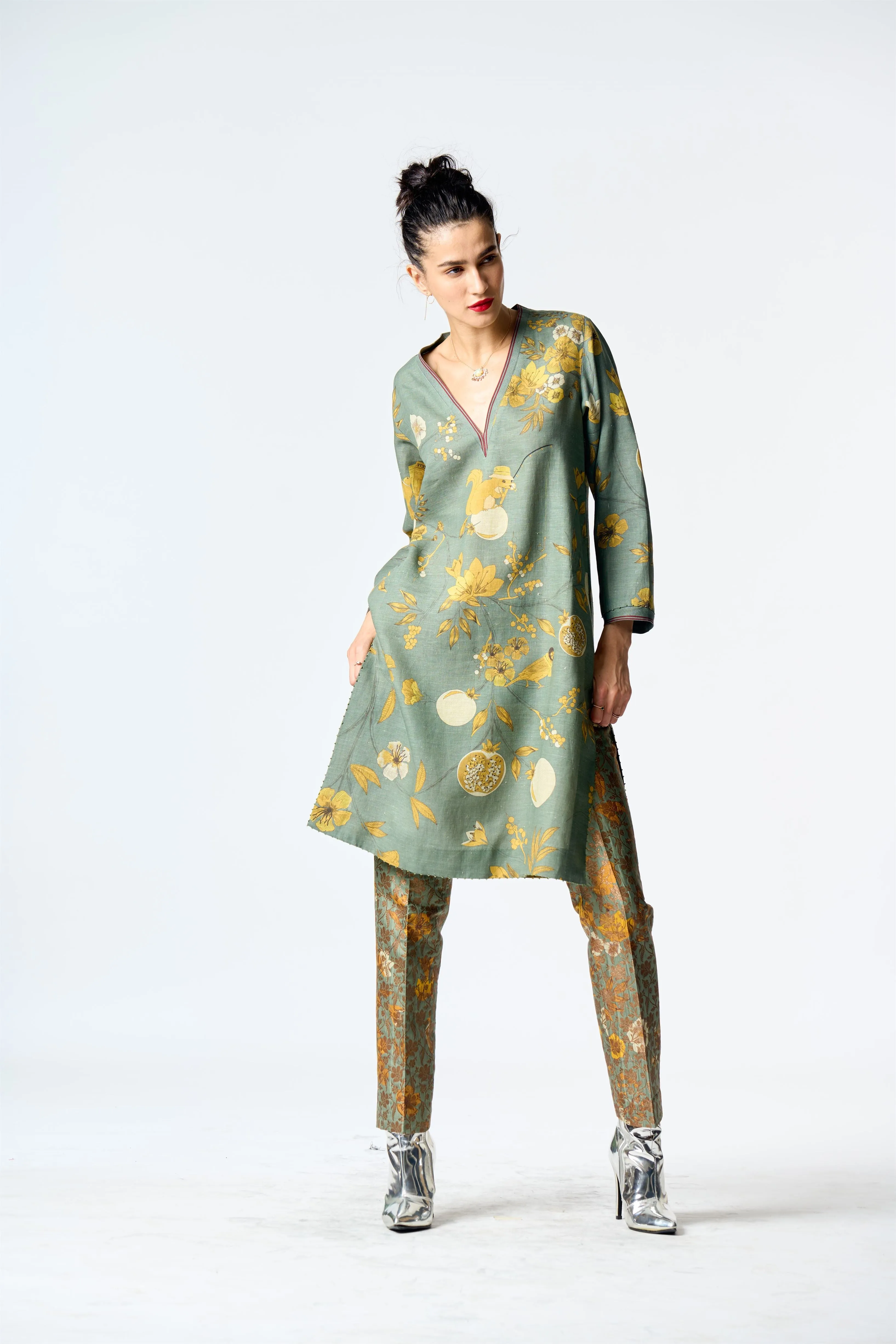 Summer-Tunic Kurta V Neck Sage Muga Satin Silk-Fashion Edit Orchard-WP507MT538-SUKETDHIR