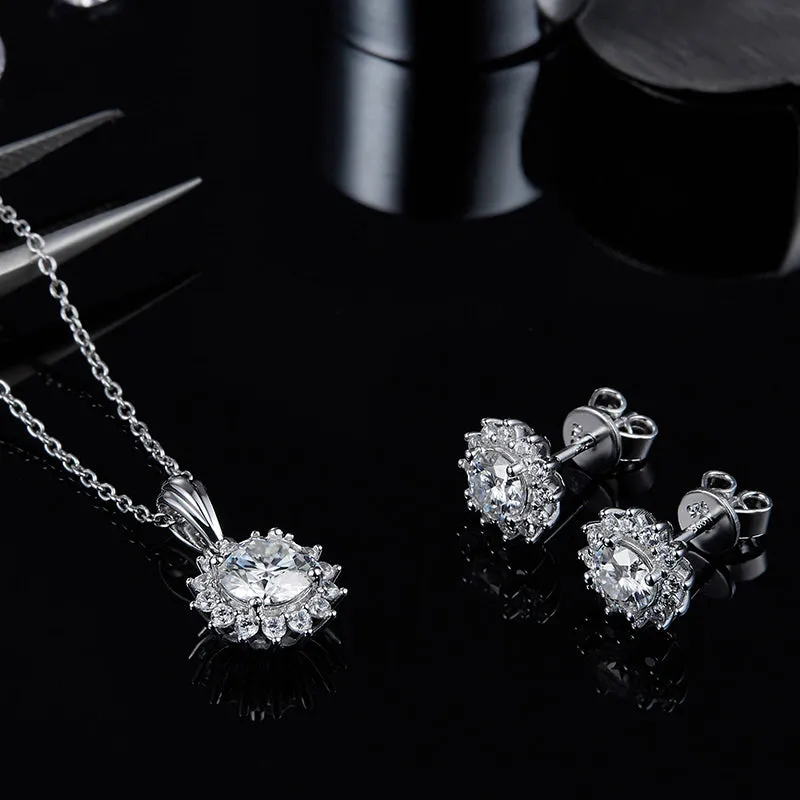 Sun Flower 2.0Ctw. Round Moissanite Stud Earrings and 2ct Moissanite Pendant Necklace Jewelry Sets