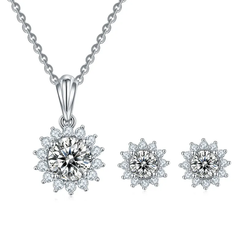 Sun Flower 2.0Ctw. Round Moissanite Stud Earrings and 2ct Moissanite Pendant Necklace Jewelry Sets