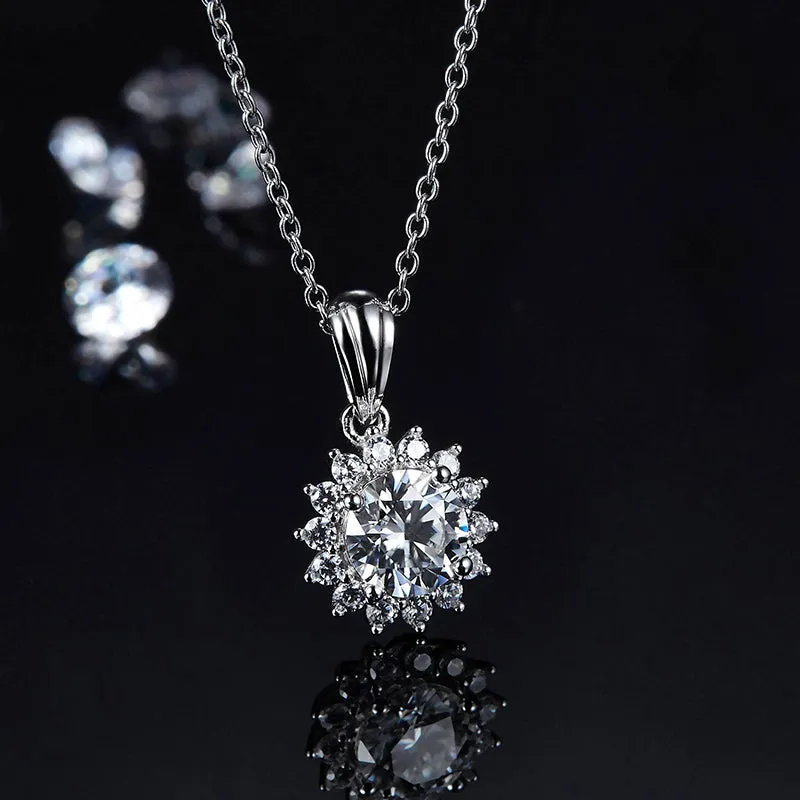 Sun Flower 2.0Ctw. Round Moissanite Stud Earrings and 2ct Moissanite Pendant Necklace Jewelry Sets