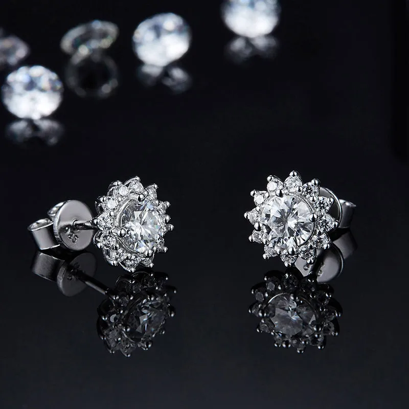 Sun Flower 2.0Ctw. Round Moissanite Stud Earrings and 2ct Moissanite Pendant Necklace Jewelry Sets