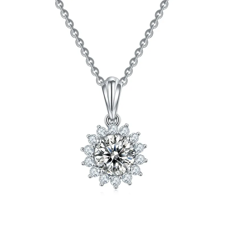 Sun Flower 2.0Ctw. Round Moissanite Stud Earrings and 2ct Moissanite Pendant Necklace Jewelry Sets