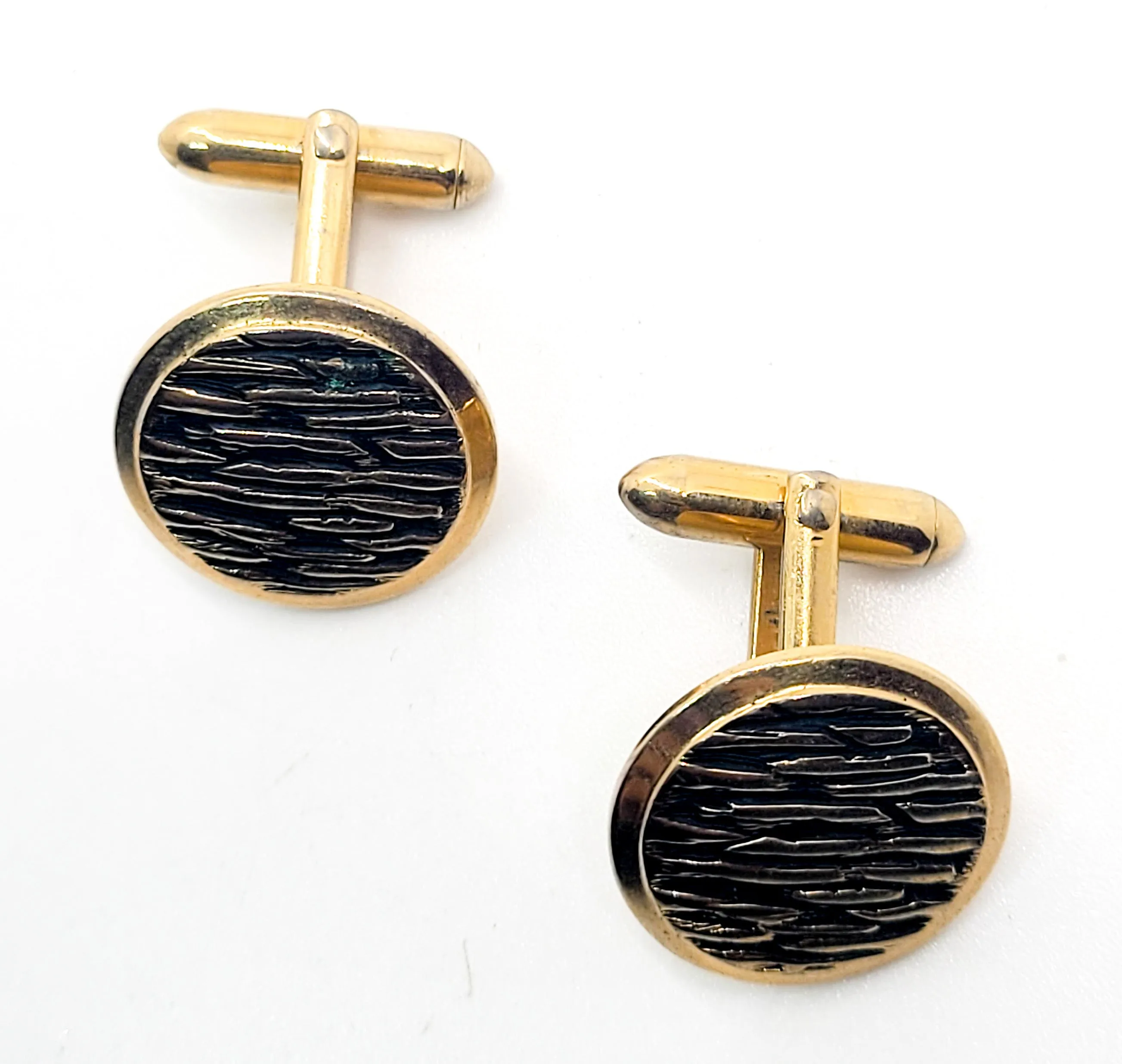 Swank black and gold wood grain textured signed vintage cuff links