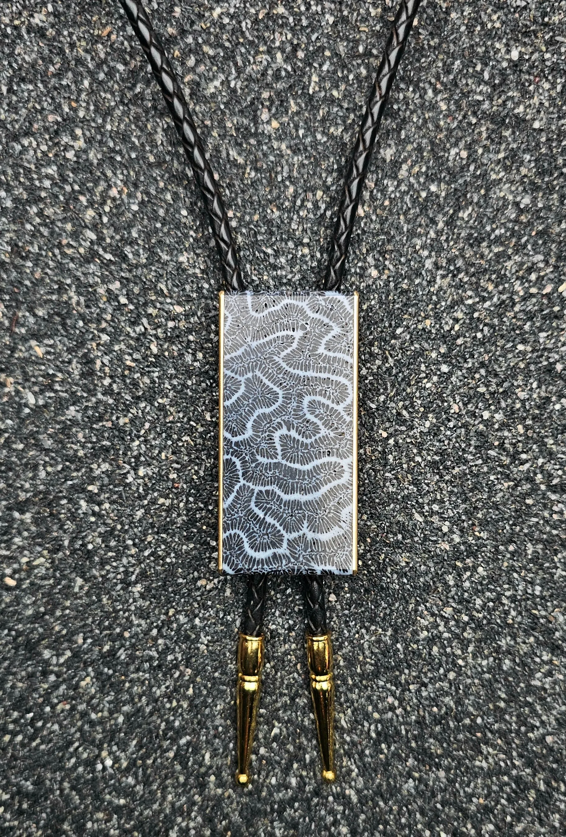 The Lasso (Black Fossilized Brain Coral, Ebony Wood & Brass Bolo Tie)